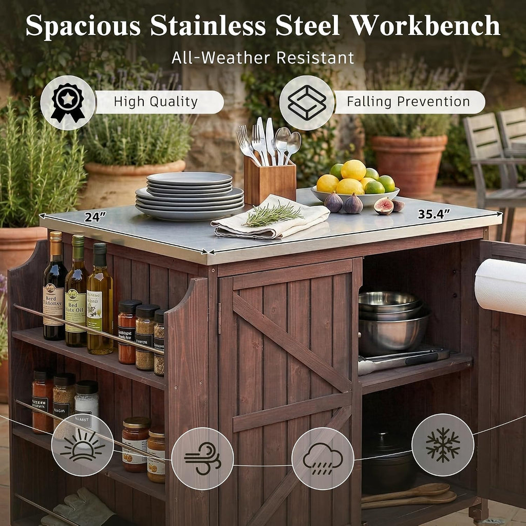 LUMISOL Outdoor Rolling Kitchen Cart with Stainless Steel Top, 42.1' Grill Cart with Adjustable Shelf and 4 Wheels, Farmhouse Kitchen Island with Side Shelf and Storage Cabinet, Dark Brown
