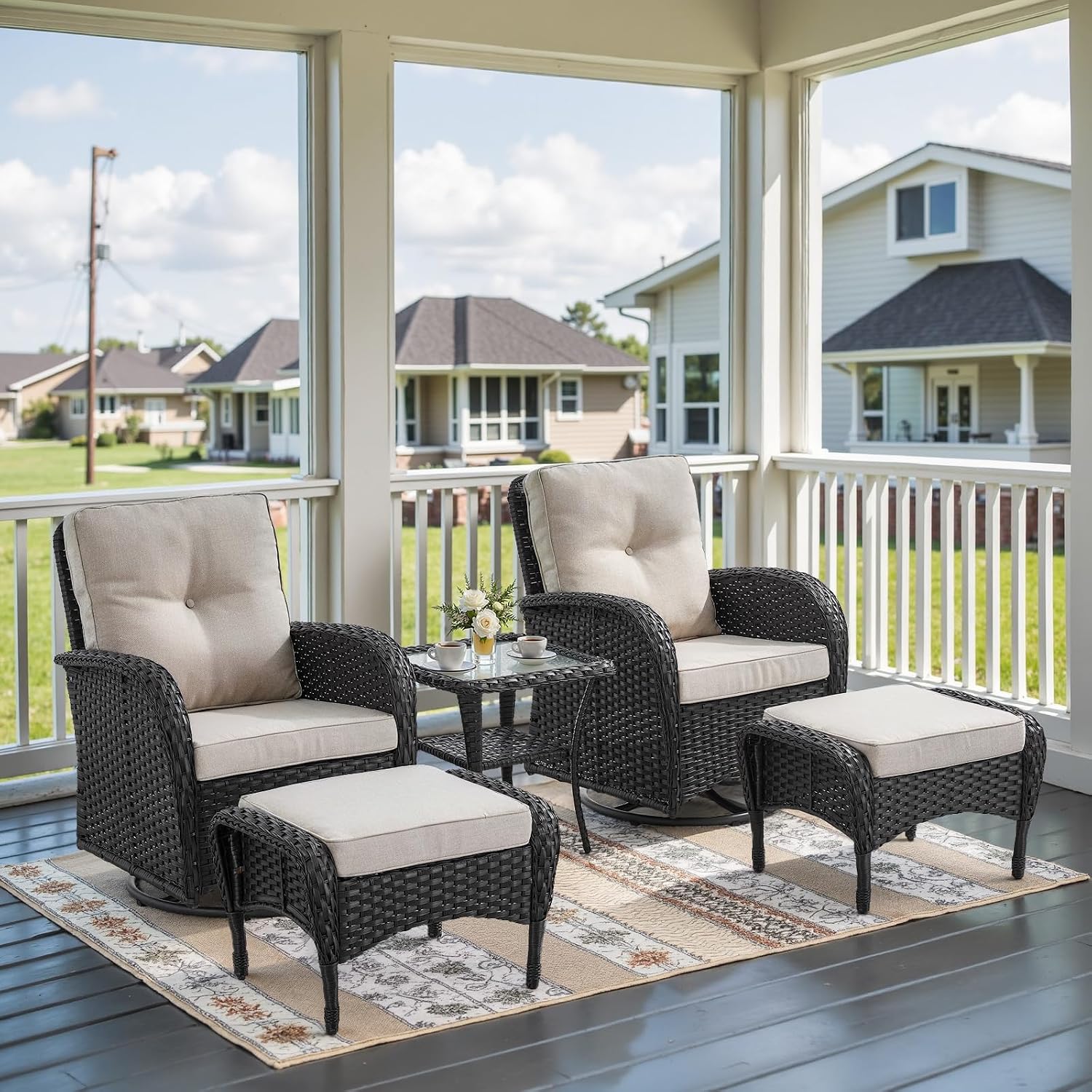 Belord 5 Piece Swivel Rocker Glider Outdoor Chairs Set of 2 with Ottoman and Glass Side Table Patio Bistro Furniture Set, Comfort High Back Wicker Patio Conversation Set for Deck Porch Sunroom