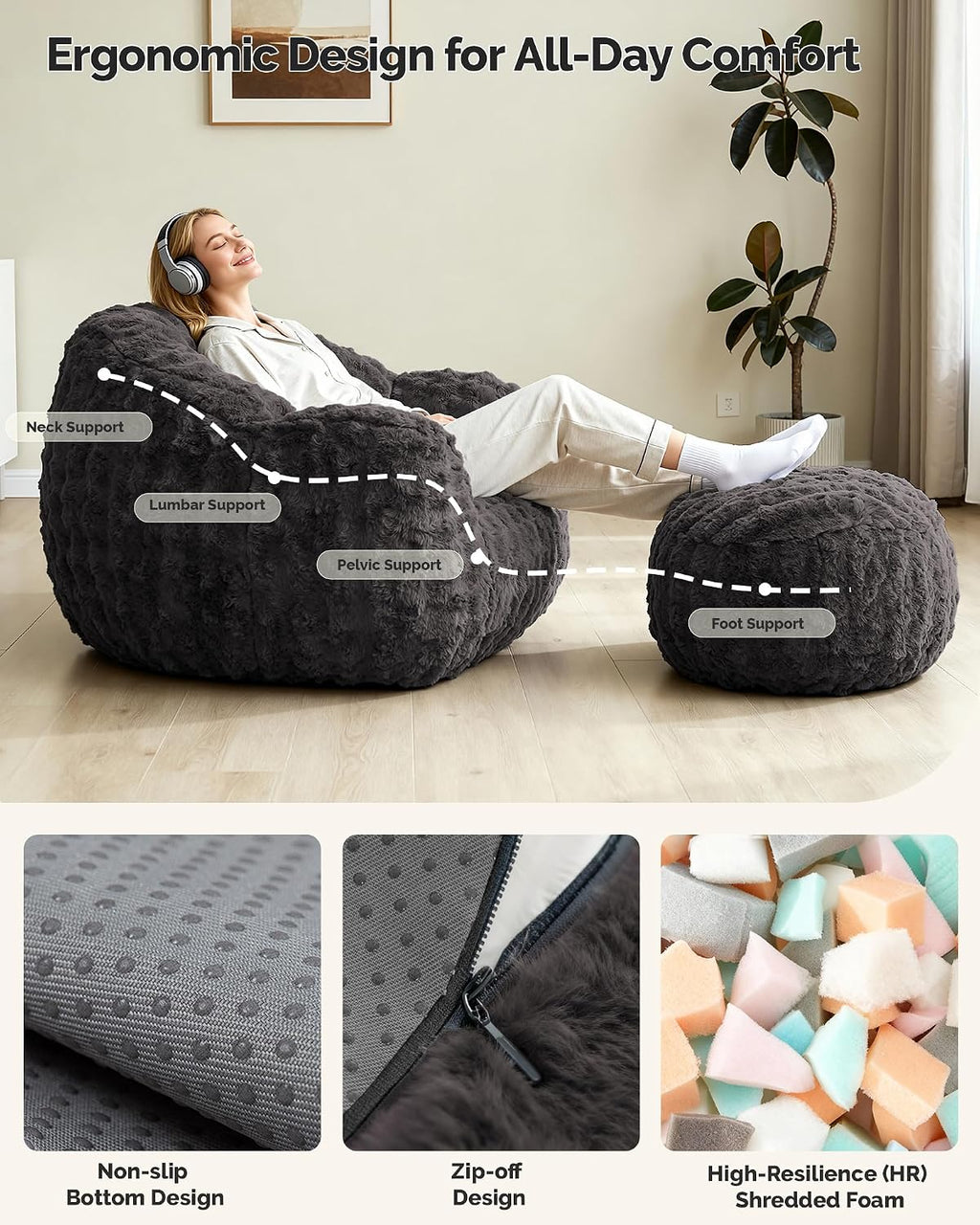 KINGYES Giant Bean Bag Chair with Ottoman, 3 in 1 Bean Bag Couch with Memory Foam Filler,Gaming Chair for Adults, Bean Bag for Kids & Teen, Dark Gray
