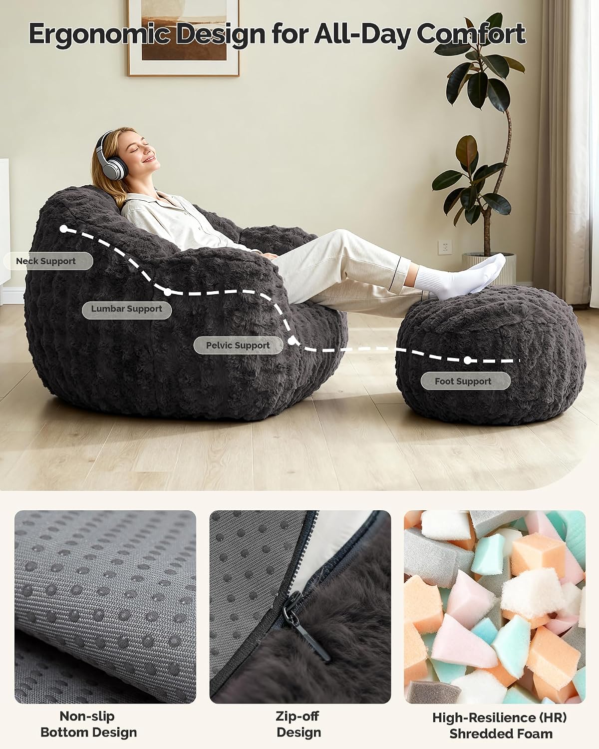 KINGYES Giant Bean Bag Chair with Ottoman, 3 in 1 Bean Bag Couch with Memory Foam Filler,Gaming Chair for Adults, Bean Bag for Kids & Teen, Dark Gray