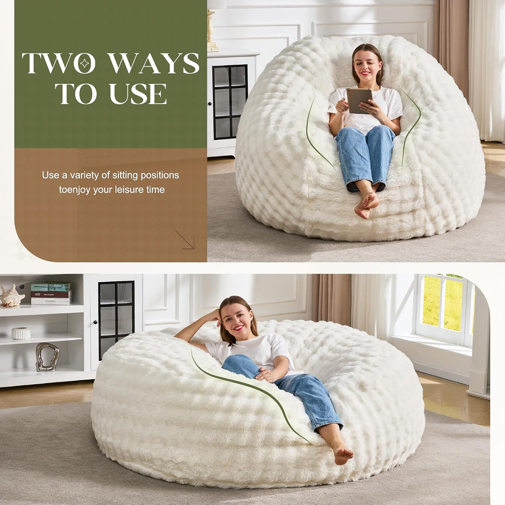 Hobestluk Bean Bag Chairs Beanbag Chair with Filler Adult Bean Bags with Fluffy & Machine Washable Cover, Giant Bean Bag Chairs for Aduts (White, 6FT-70' x 70' x 15')