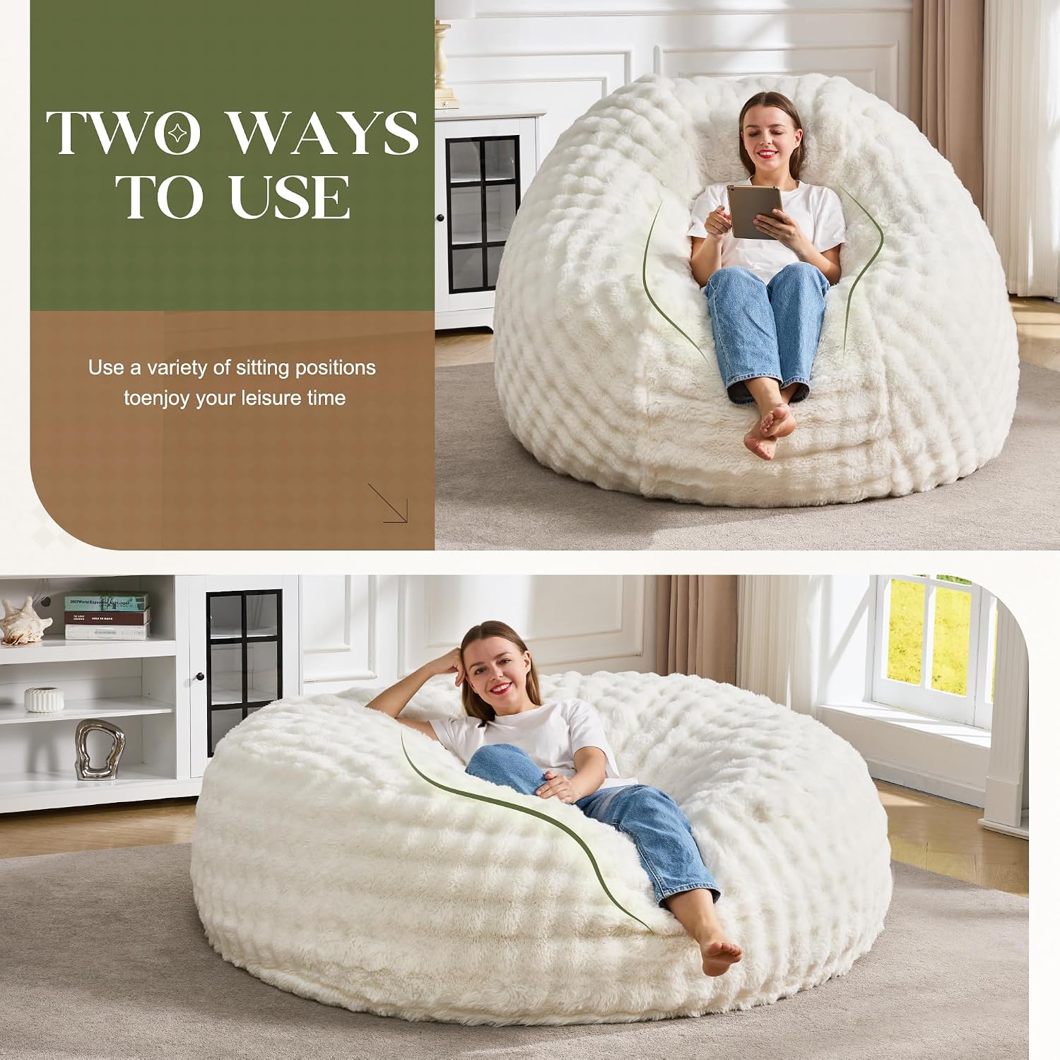 Hobestluk Bean Bag Chairs Beanbag Chair with Filler Adult Bean Bags with Fluffy & Machine Washable Cover, Giant Bean Bag Chairs for Aduts (White, 6FT-70' x 70' x 15')