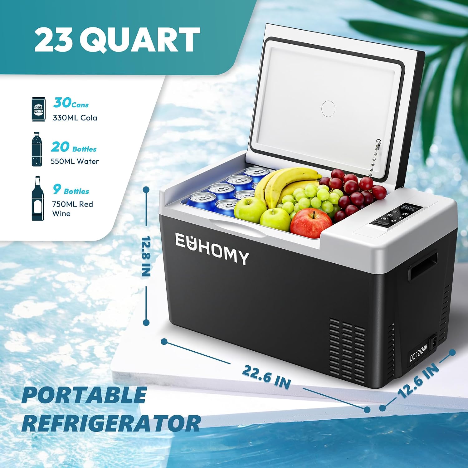 EUHOMY 12 Volt Refrigerator, 23QT(22L) Compressor Electric Cooler APP Control, Car Fridge -4℉~68℉, Portable Refrigerator 12/24V DC 100-240V AC, Portable Freezer for Camping, Travel, Boat