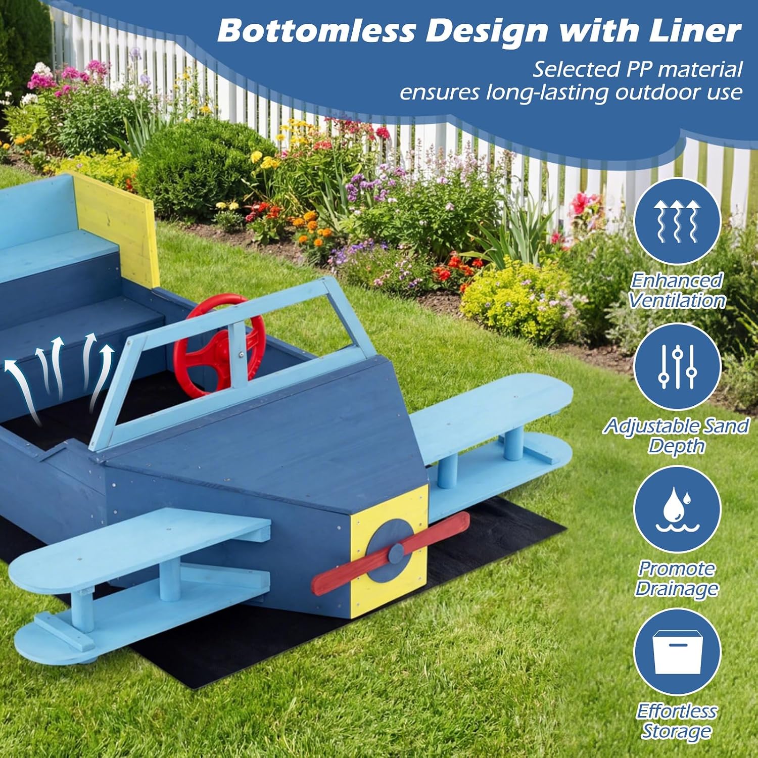Costzon Sandbox, Fir Wood Glider-Shaped Sand Pit with Bottom Liner, Bench Seat, Propeller, Rotatable Rudder & Side Wings for Kids Boys Girls, Outdoor Playset for Backyard, Beach and Patio