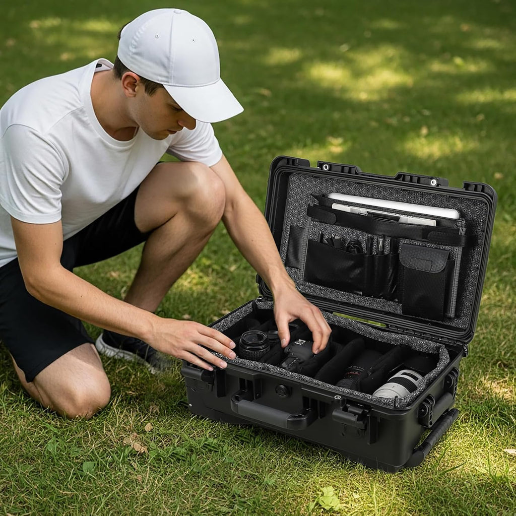 Garvee Protective Case,Heavy Duty Protective Dry Box Case with Padded Dividers and Wheels,Waterproof Travel Camera Case Dustproof and Impact Resistant,22' x 14' x 9',for Travel, Hunt