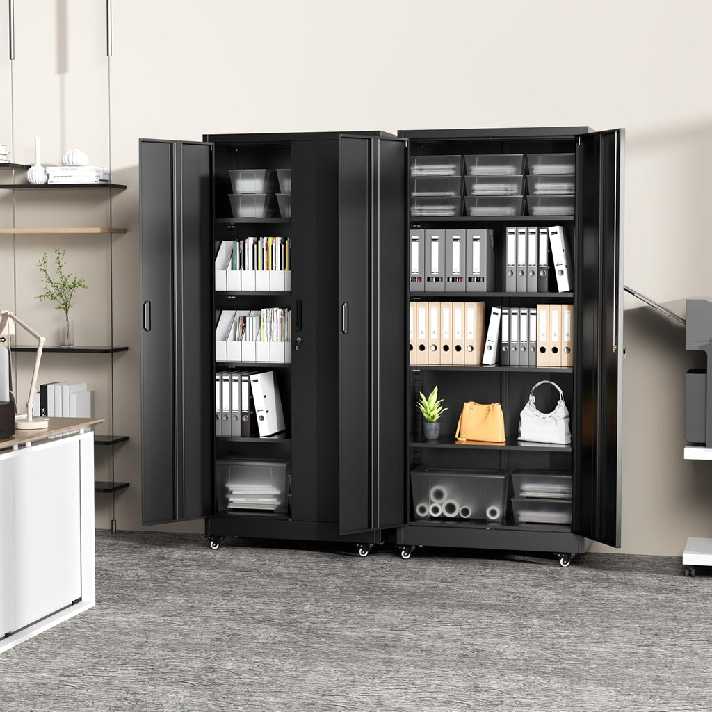 Greenvelly Metal Storage Cabinet with 4 Swivel Wheels,73' H Black Garage Storage Cabinet with Wheels, Rolling Tool Cabinet with Locking Doors and Shelves for Home,Basement, Kitchen Pantry,Warehouse