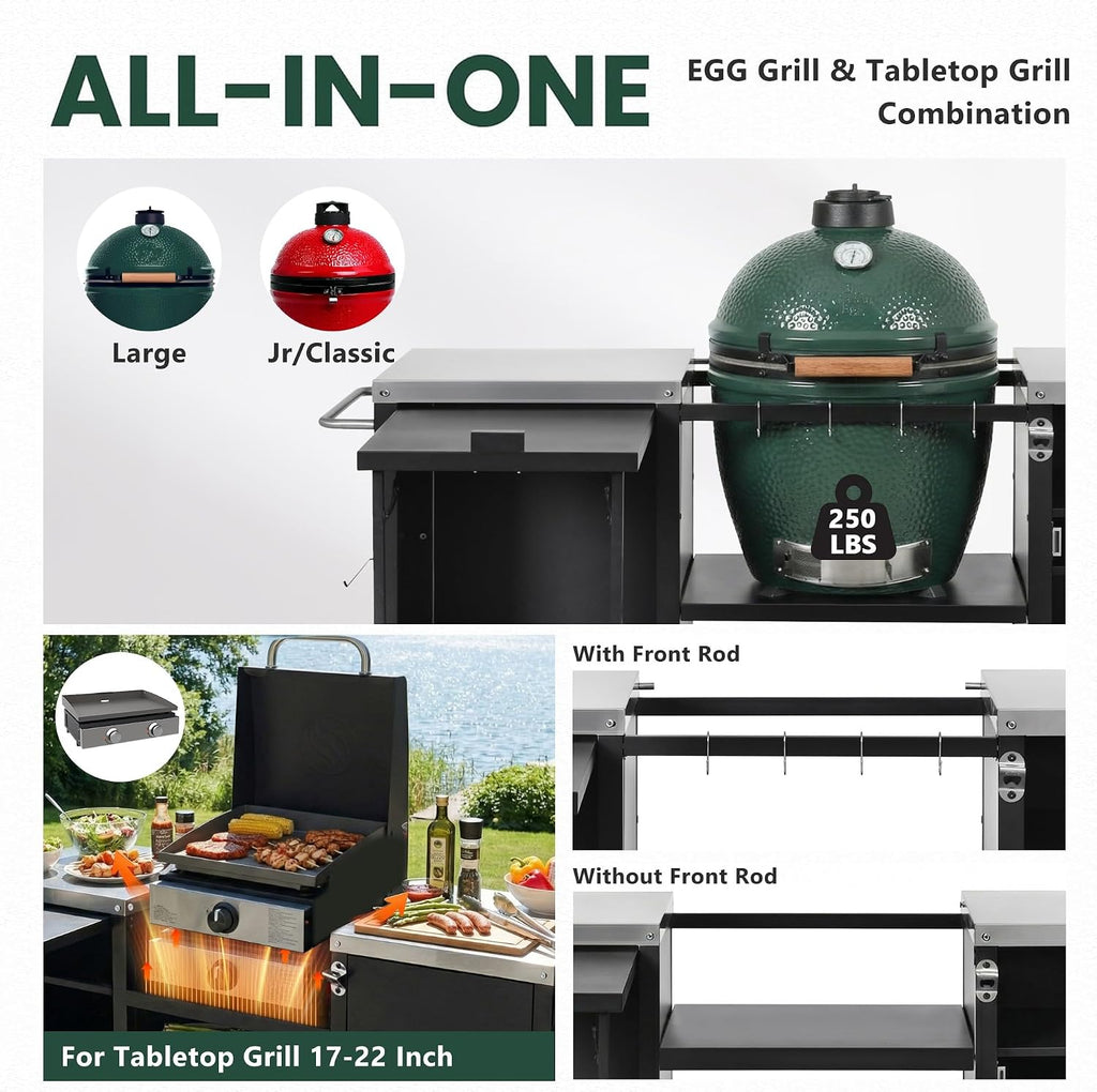 Merax 72.4' Large Grill Table for Large Big Green Egg, Metal Outdoor Grill Cart with Fold-Out Prep Table, Adjustable Shelves, Spice Rack, Outdoor Kitchen Island for Big Green Egg, Kamado Joe Classic