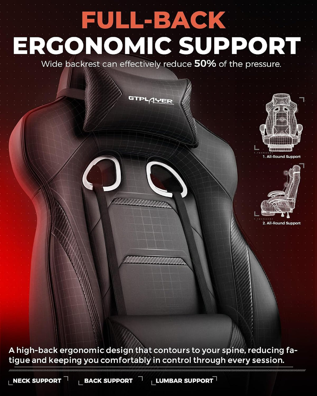 GTPLAYER Gaming Chair with Footrest, Big and Tall Game Chair 350lb Racing Style Computer Chair, Ergonomic Executive Office Chair High Back with Lumbar Support and Recliner, Black