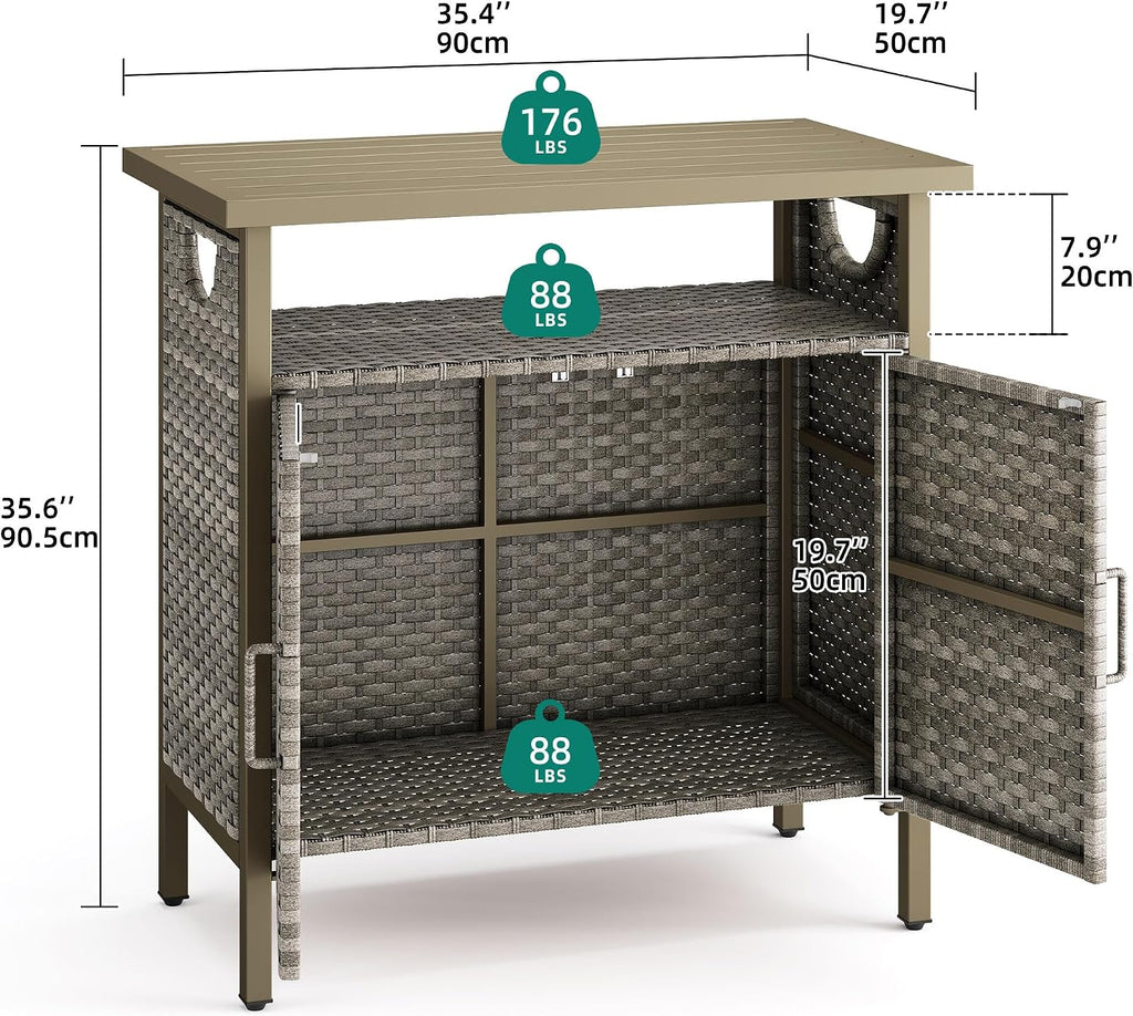 YITAHOME Outdoor Storage Cabinet, Patio Deck Bench Storage Table, Wicker Storage Console Bench for Outdoor Cushions, Pool Tool and Garden Potting, Brown