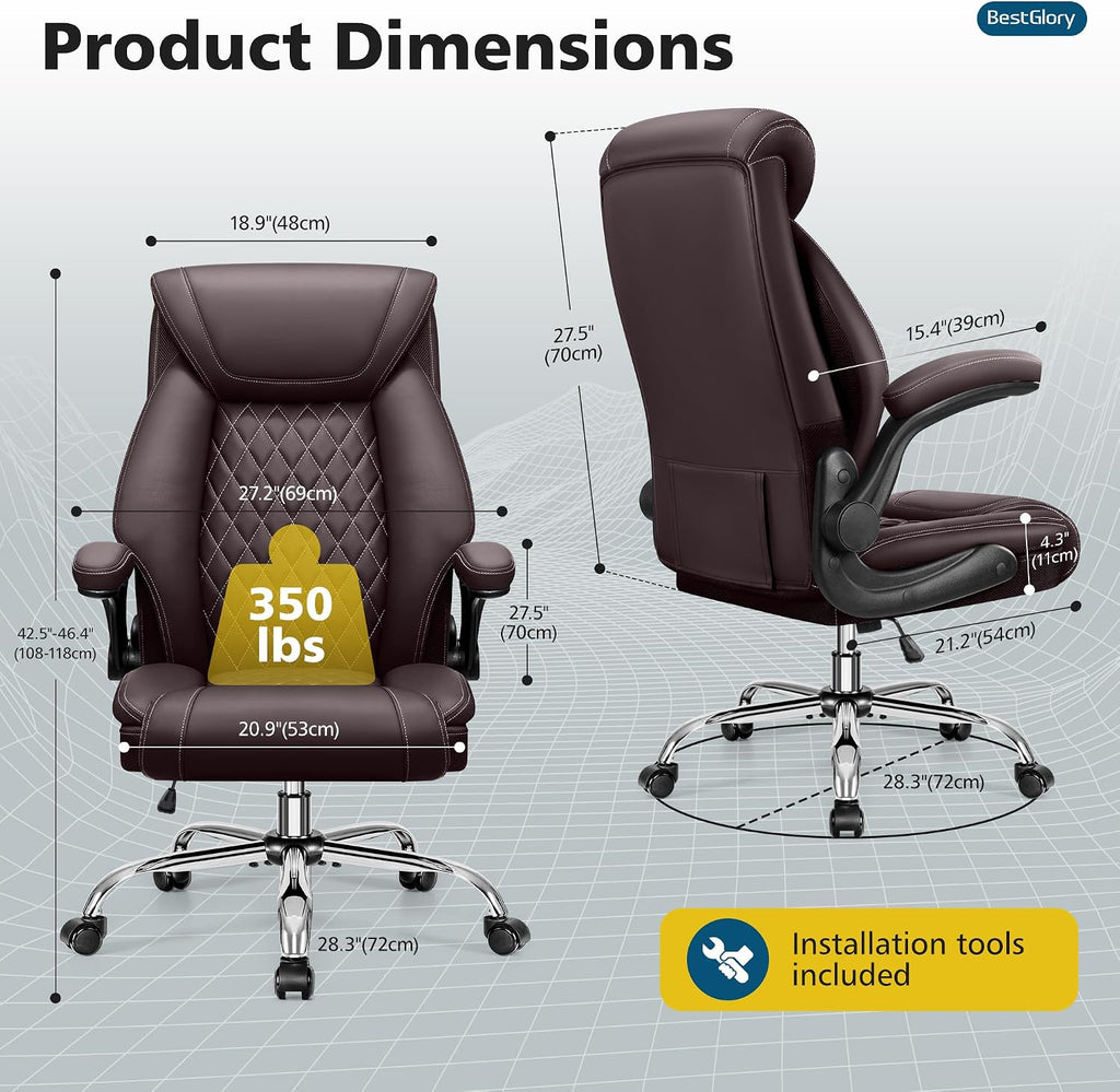 Office Chair, Executive Leather Office Chairs with Rocking Function, Big and Tall Ergonomic Computer Chair with Lumbar Support Flip-Up Armrests, Comfortable Gaming Chairs for Home Ofiice