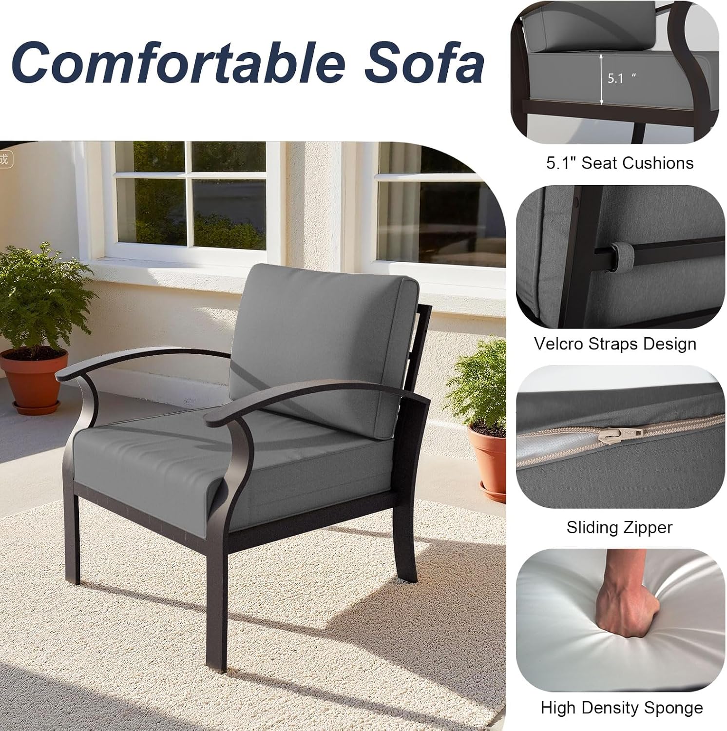 ALAULM Aluminum Patio Furniture Set with Propane Fire Pit Table 6-seat Metal Outdoor Furniture w/Swivel Chairs Patio Sectional Sofas w/5.1' Cushions for Patio, Backyard, Poolside-Grey