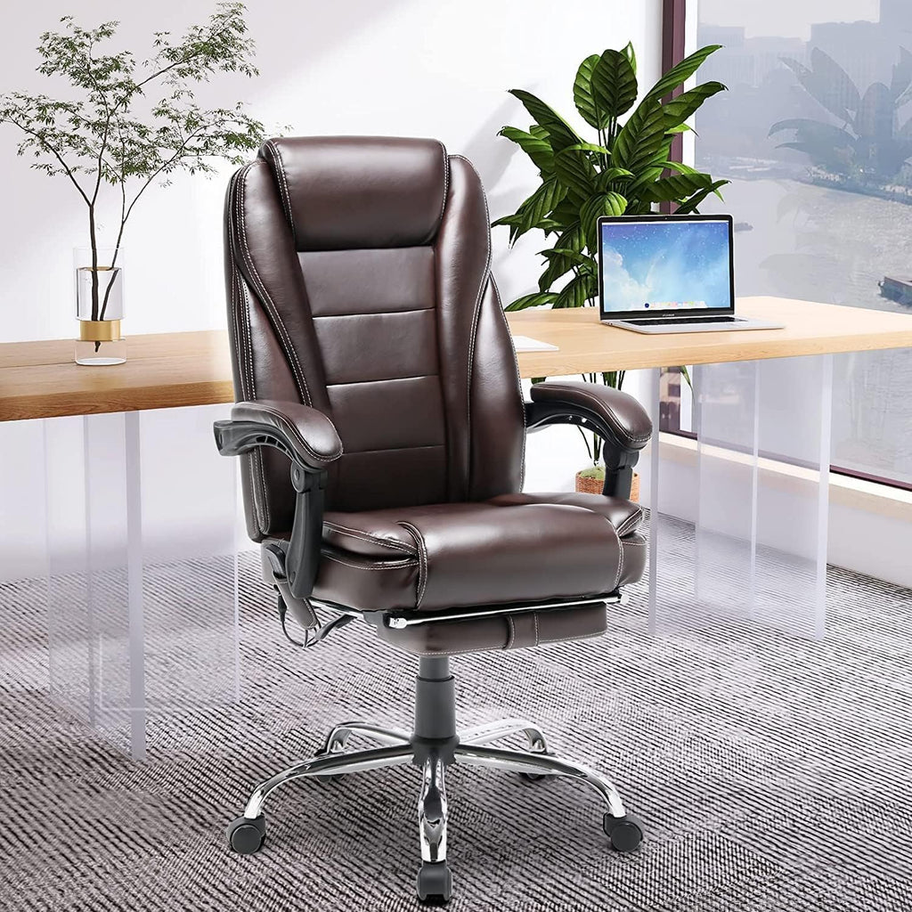 HOMREST 4-Point Massage Reclining Office Chair, Leather Heating Executive Chair, Ergonomic Home Office Desk Chair with Retractable Footrest,Computer Chair for Home Office, Study, Gaming (Brown)