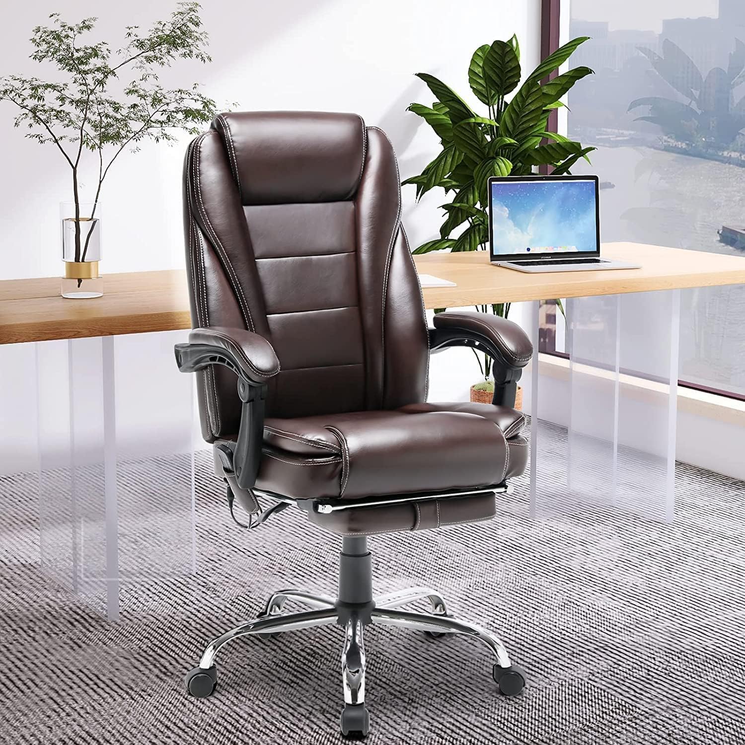 HOMREST 4-Point Massage Reclining Office Chair, Leather Heating Executive Chair, Ergonomic Home Office Desk Chair with Retractable Footrest,Computer Chair for Home Office, Study, Gaming (Brown)