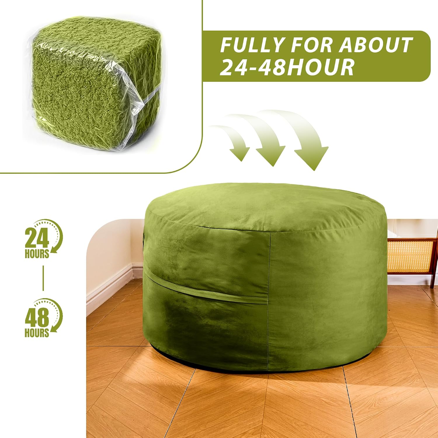 4FT Bean Bag Chair, Bean Bag with Velvet Cover, Fluffy and Comfy Bean Bag Chairs for Adults and Kids, Bean Bag Sofa Filled with High-Density Sponge for Gaming (Mint Green - Taller Version)