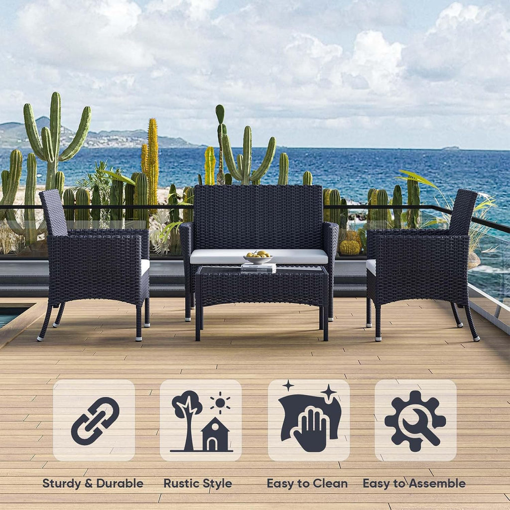 Outdoor Furniture Set of 4 Pieces with PE Waterproof Rattan Tempered Glass Table and Thick Cushions Suitable for Gardens Porches Terraces and Balconies Easy to Assemble Black and Beige