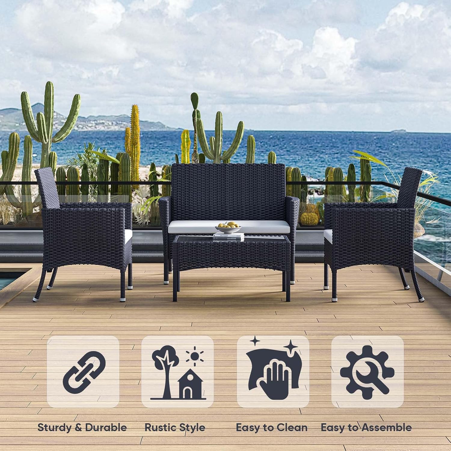 Outdoor Furniture Set of 4 Pieces with PE Waterproof Rattan Tempered Glass Table and Thick Cushions Suitable for Gardens Porches Terraces and Balconies Easy to Assemble Black and Beige