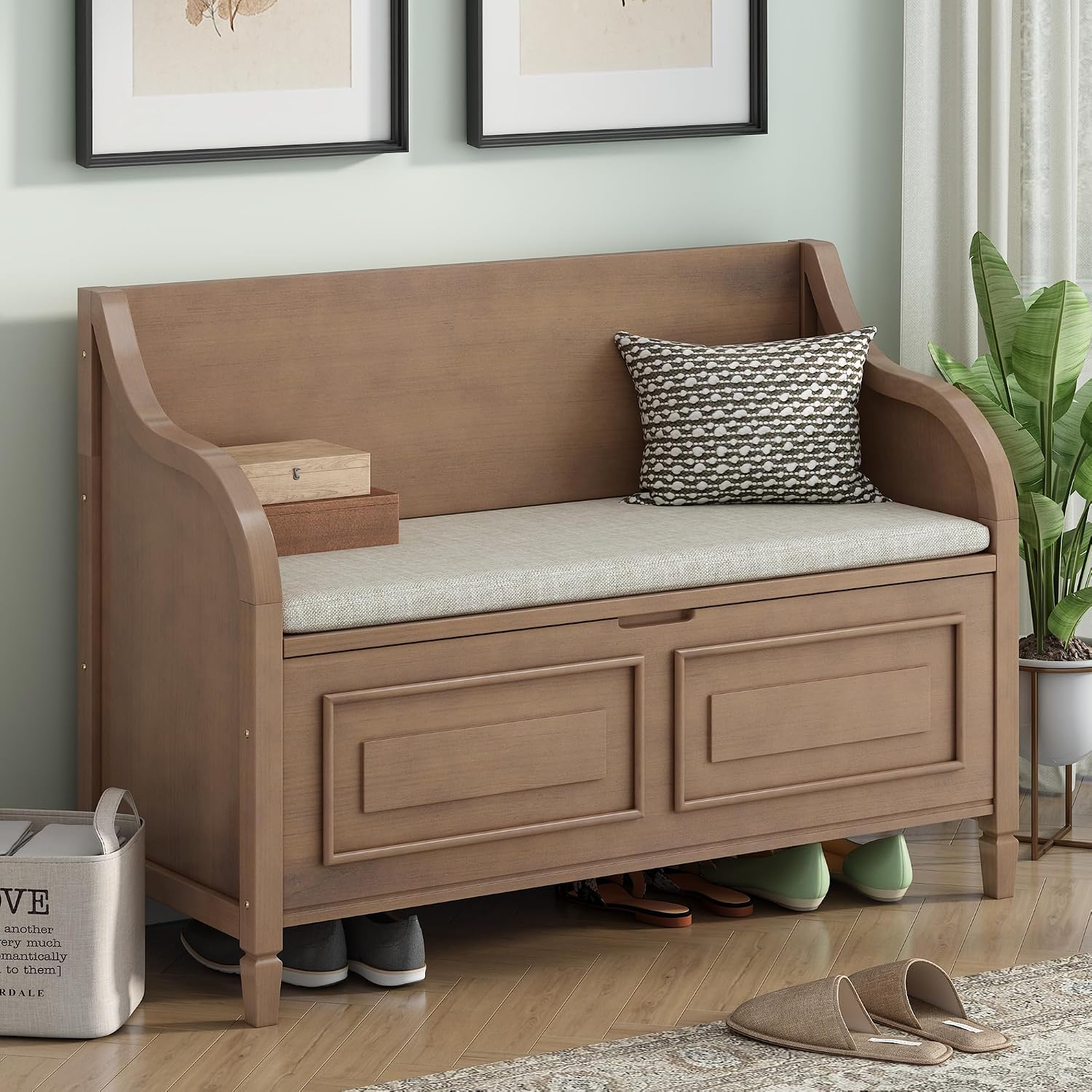 Bellemave Storage Bench with Safety Hinge Wooden Entryway Benches with Shoe Cabinets Under Seat Multifunctional Storage Bench for Entryway, Foyer or a Mudroom (Brown + Beige)