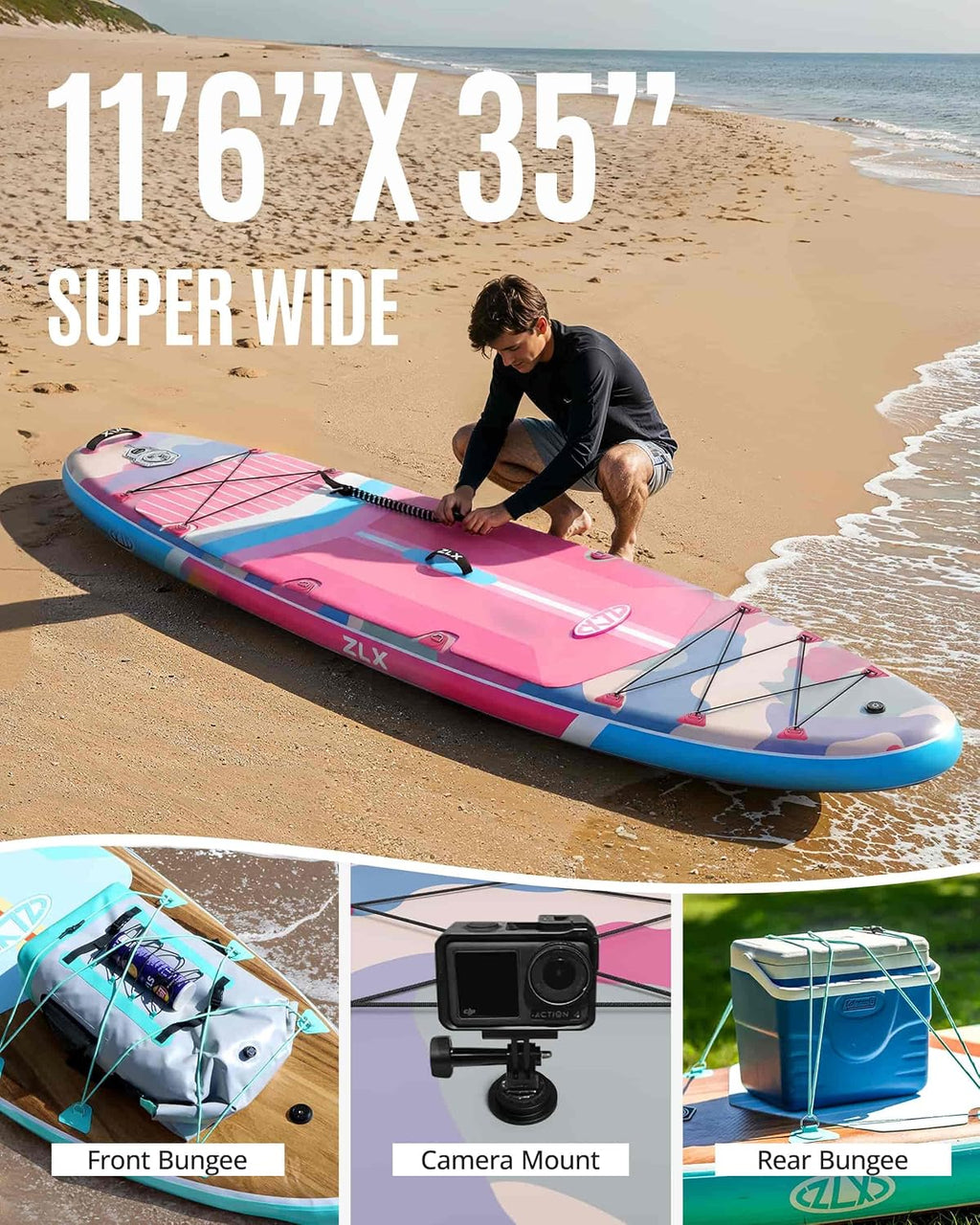 ZLX 11'6'x35' Ultra Wide Inflatable Stand Up Paddle Board | Stable Non-Slip Deck Pad, Unique Fin System, Premium SUP Accessories & Backpack - Upgraded Pump for Adults, All Skill Levels