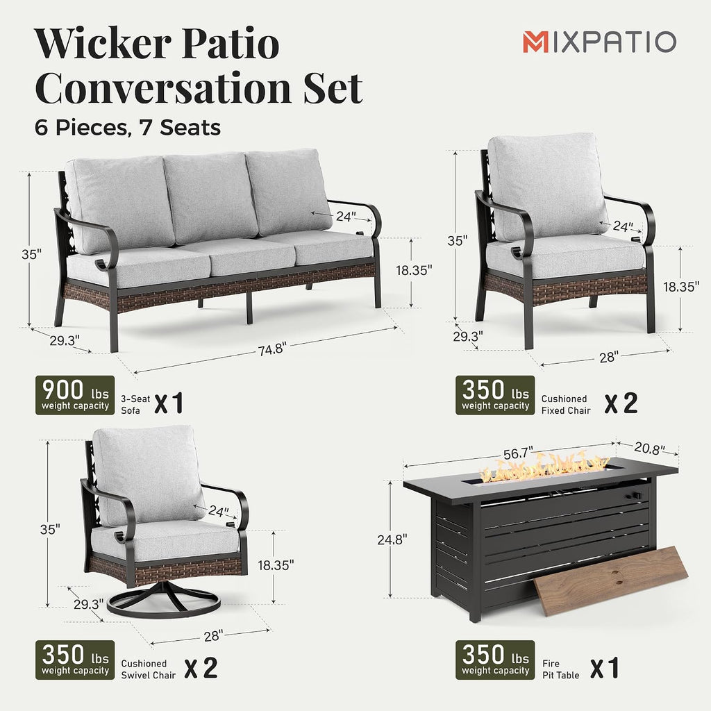 MIXPATIO Patio Furniture Set with Fire Pit Table, Metal Outdoor Conversation Set with 5.75'' Extra Thick Cushion, 2 Swivel Chairs, 2 Leg Chairs, 3-Seat Sofa and Gas Fire Pit Table, Light Grey