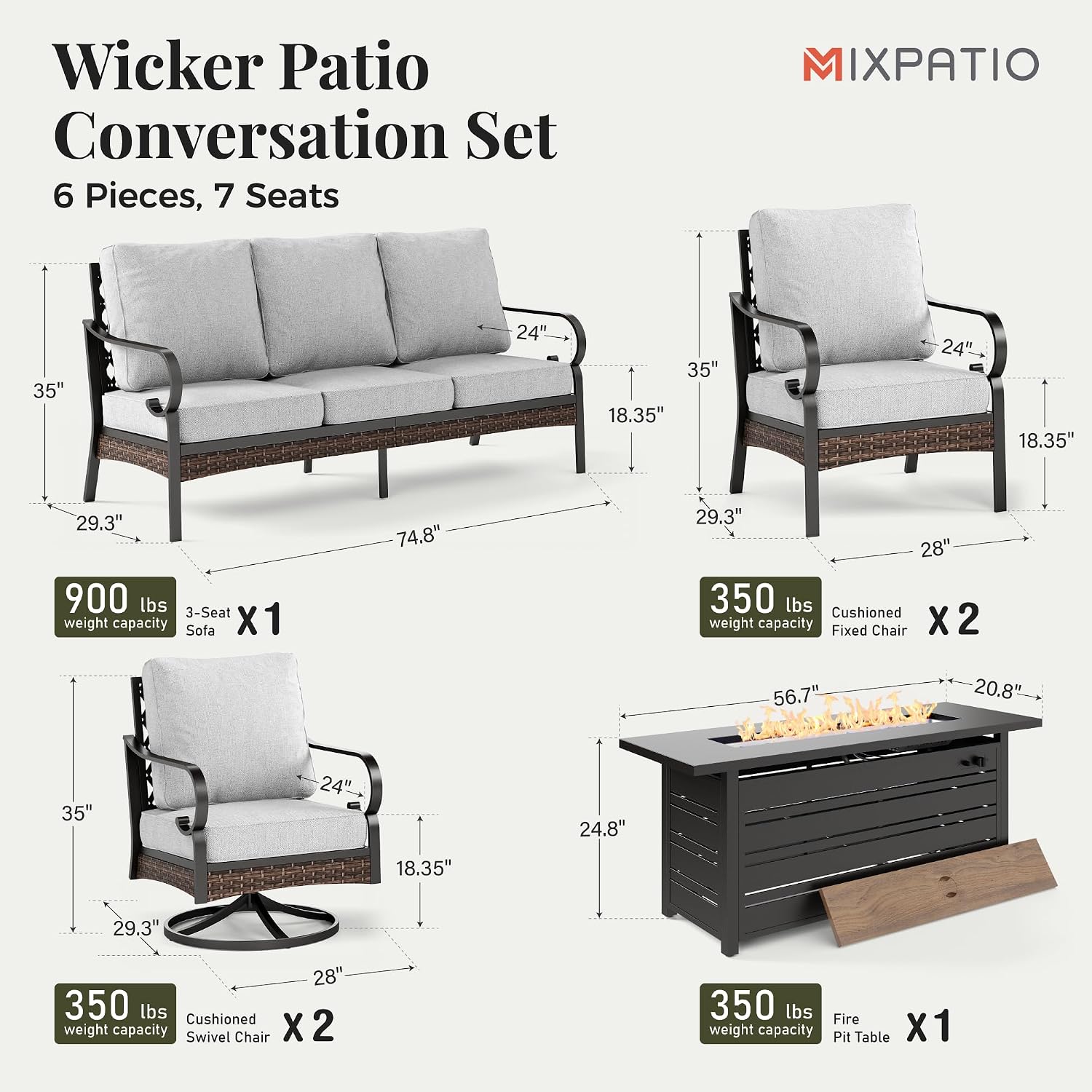 MIXPATIO Patio Furniture Set with Fire Pit Table, Metal Outdoor Conversation Set with 5.75'' Extra Thick Cushion, 2 Swivel Chairs, 2 Leg Chairs, 3-Seat Sofa and Gas Fire Pit Table, Light Grey