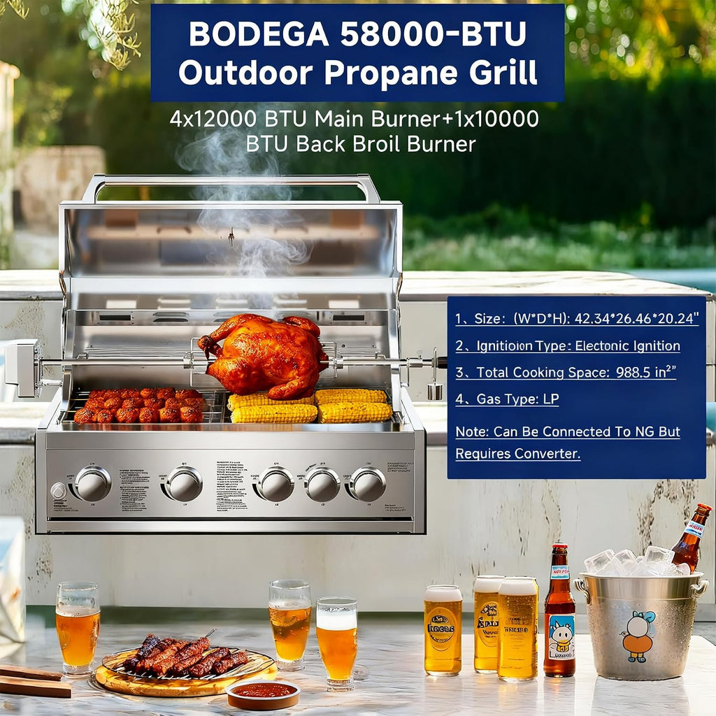BODEGA 5 Burner Built In Gas Grill Island Head, Stainless Steel 30 Inch Propane Grill with Rear Burner, 58000 BTUs, 988.5 SQ In Racks, Dual Fuel Compatibility, Gas Grill Outdoor Cooking, BBQ Fork Kit.