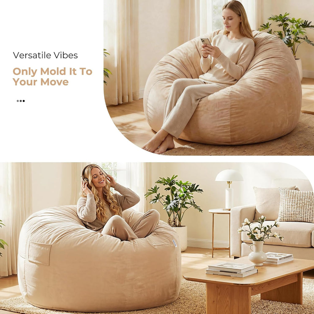 HABUTWAY Bean Bag Chair: Giant 5' Memory Foam Furniture Bean Bag Chair with Microfiber Cover - 5Ft, Khaki