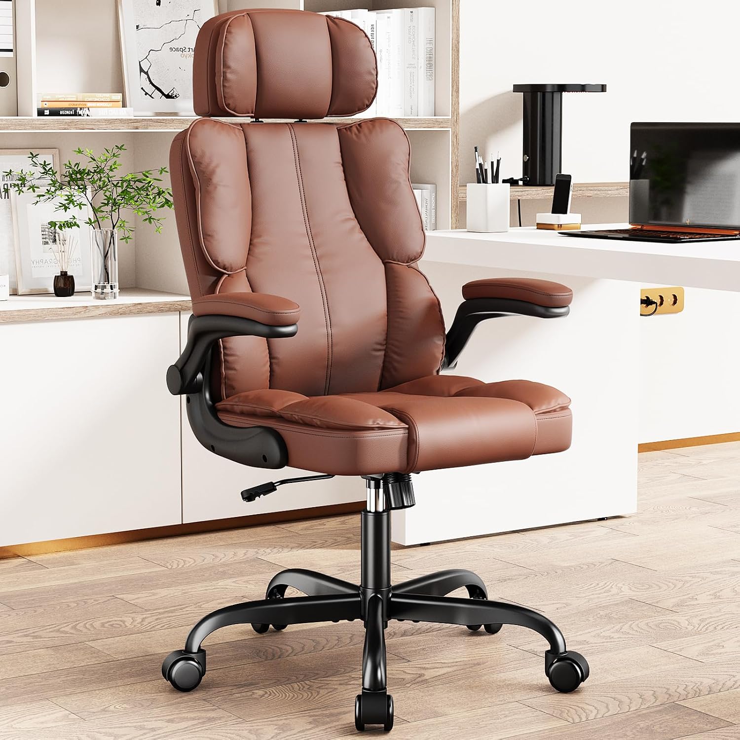 Kensaker Ergonomic Executive Office Chair with Adjustable Headrest & 90° Flip-Up Arms, High Back PU Leather Computer Desk Chair with 135° Rocking & Double Padding for Home Office Comfort, Brown