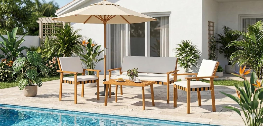 Tangkula Acacia Wood Patio Furniture Set, 4 Piece Thick Cushioned Outdoor Conversation Set with 800lbs Capacity Loveseat, 2 Armchairs and Coffee Table, for Backyard, Garden, Deck