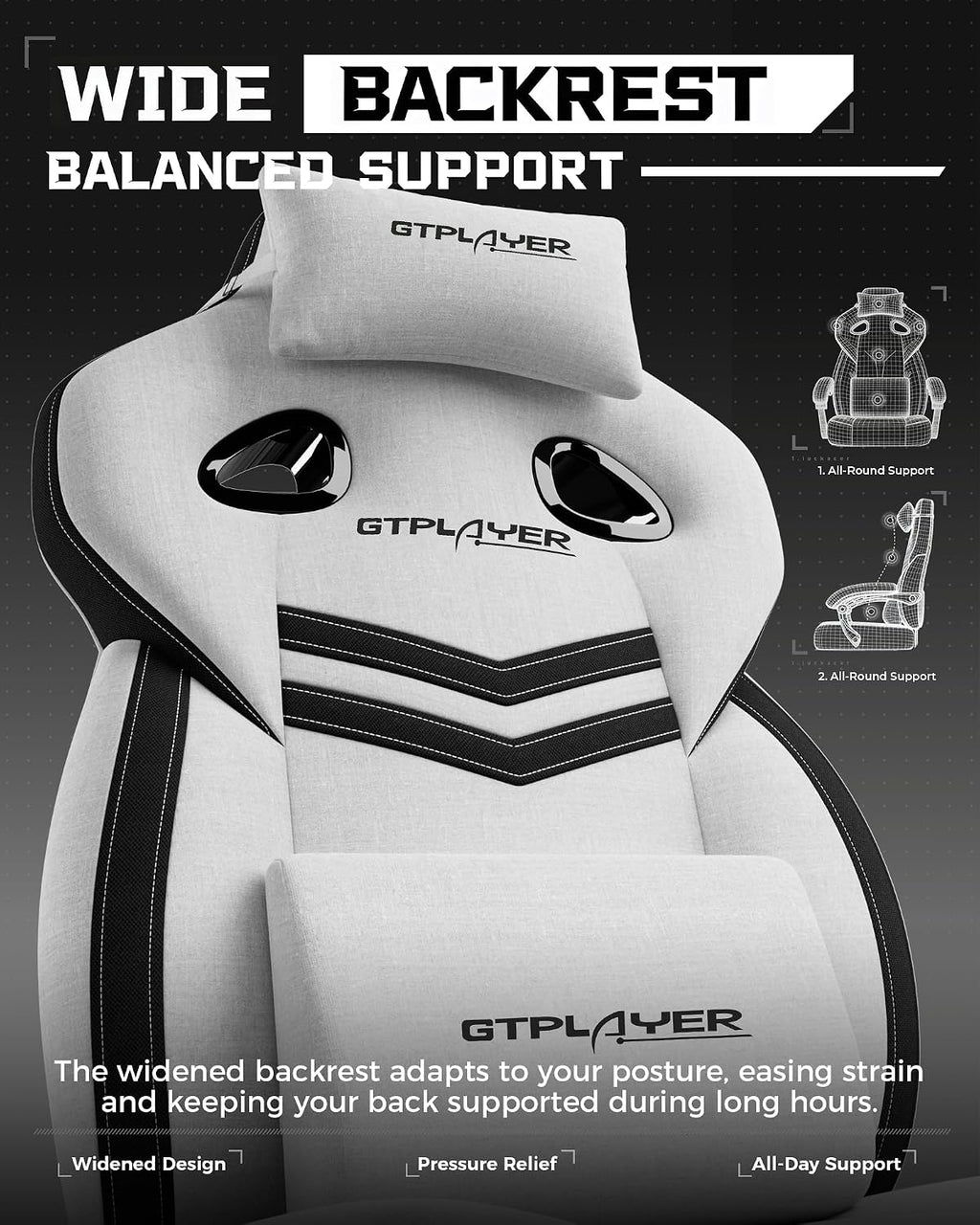 GTPLAYER Gaming Chairs for Adult - Ergonomic Big & Tall Gaming Seat with Footrest & Lumbar Support, Comfortable Office Chair 90-155° Reclining - Heavy Duty Wide Computer Seat, White Grey