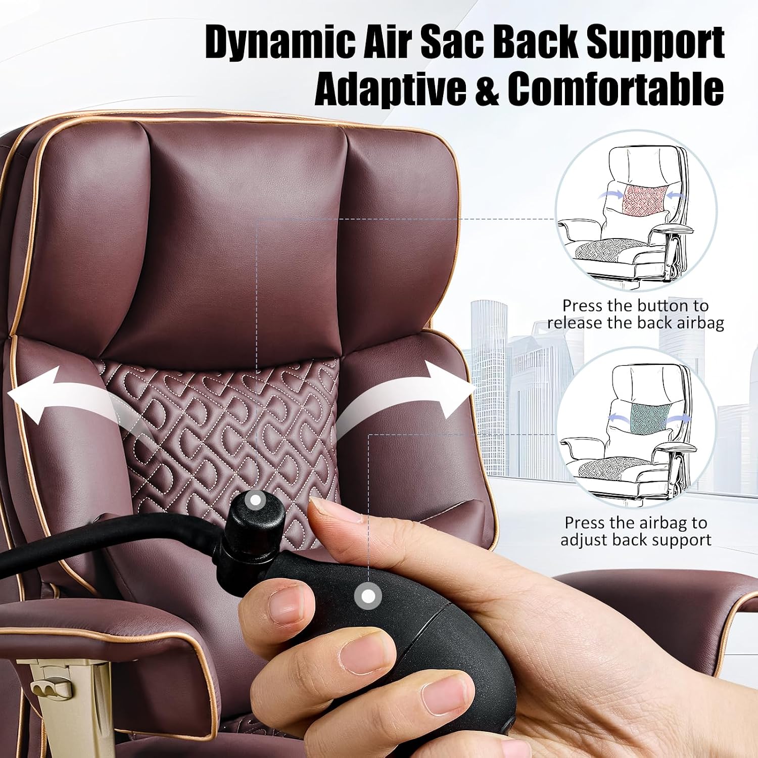 Executive Desk Chir with Adjustable Air Back Support, Luxury Ergonomic PU Leather Office Chair with Lumbar Massage High-Back 3-Level Tilt 360° Swivel Silent Wheels Height Adjustment,Footrest, Brown