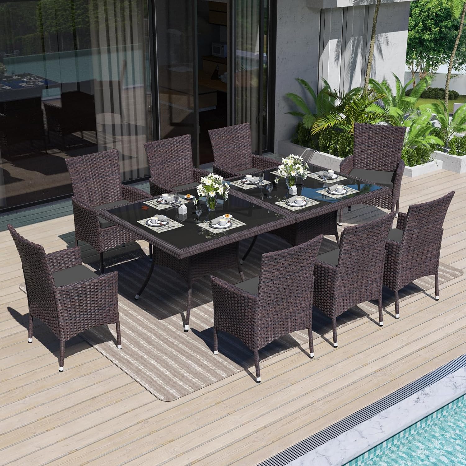 ALAULM 10 Piece Patio Dining Set All-Weather Wicker Outdoor Patio Furniture Set w/Tempered Glass Tabletop, Removable Cushions and Umbrella Hole for Patio, Backyard, Garden, Poolside (Grey)