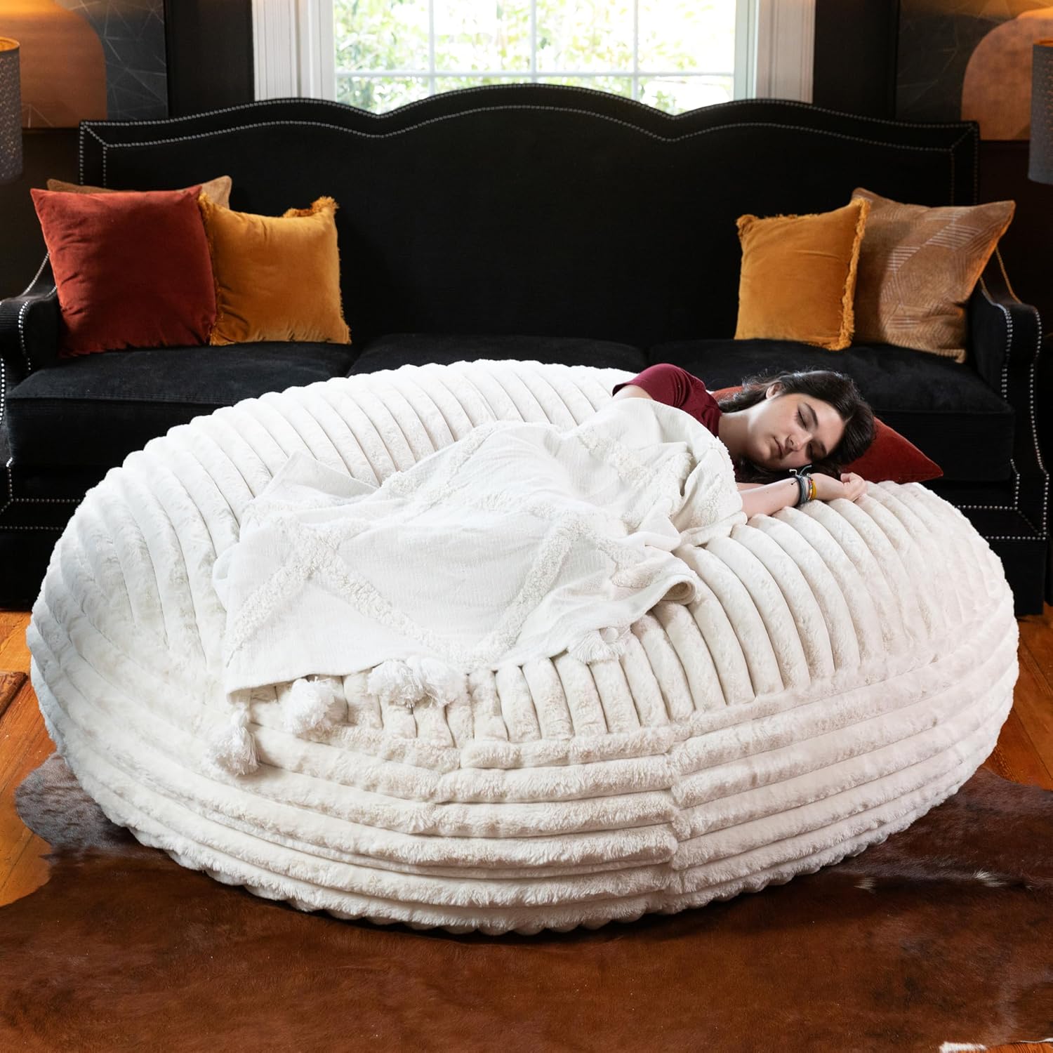Jaxx 6 Foot Cocoon - 2-in-1 Convertible Bean Bag Bed & Large Bean Bag Chair for Adults, Premium Luxe Faux Fur - Mondo Ivory