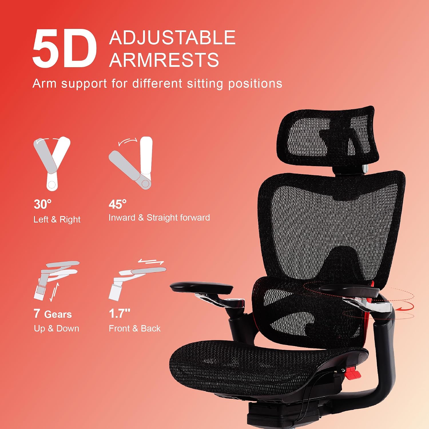 Ergonomic Office Chair, Big and Tall Mesh Computer Gaming Chair with Adaptive Lumbar Support, Work Chair with Headrest, 5D Armrest,90-130°Tilt, BIFMA Certified, Model Zen (Red)