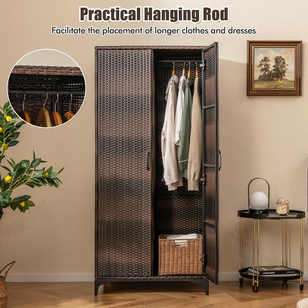 Giantex Wicker Storage Cabinet, 62' Tall Pantry Cabinet with 2 Doors, Hanging Rod, 4 Storage Cubes, Metal Legs, Anti-Tipping Device, PE Rattan Storage Cabinet for Home Office, Garage Cabinets (Brown)