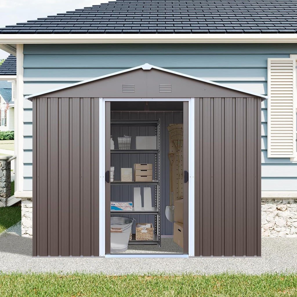 KEIKI 8x4 FT Outdoor Metal Storage Shed with Peaked Roof,Vents,Window and Metal Foundation for Garden Yard Lawn