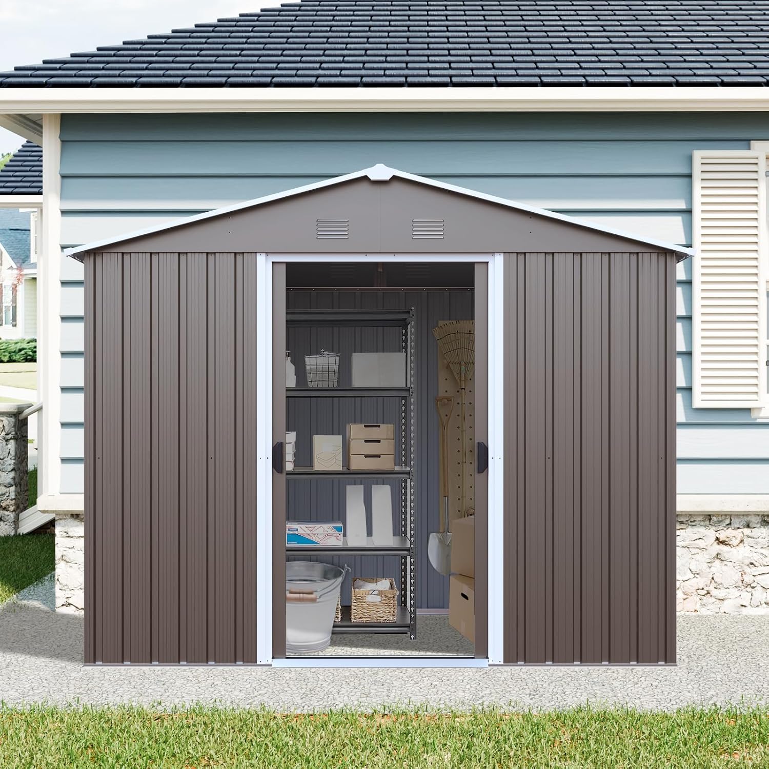 KEIKI 8x4 FT Outdoor Metal Storage Shed with Peaked Roof,Vents,Window and Metal Foundation for Garden Yard Lawn