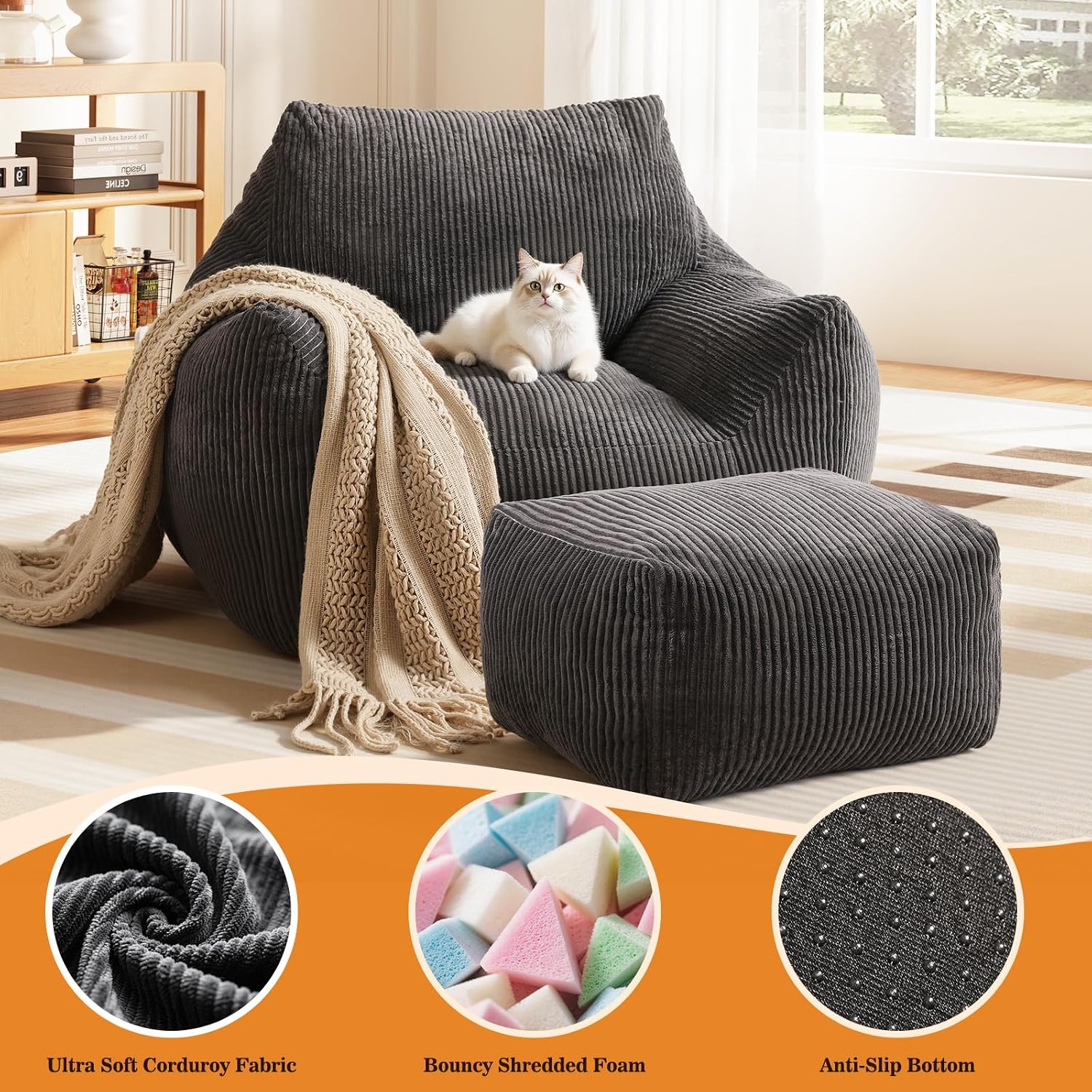 Big Bean Bag Chair for Adults, Ultra Soft Living Room Bean Bag with Armrests & Ottoman, Stuffed BeanBag Chair for Napping, Gaming, Vacuum-Compressed for Easy Gifting, 48h to Expand Dark Gray