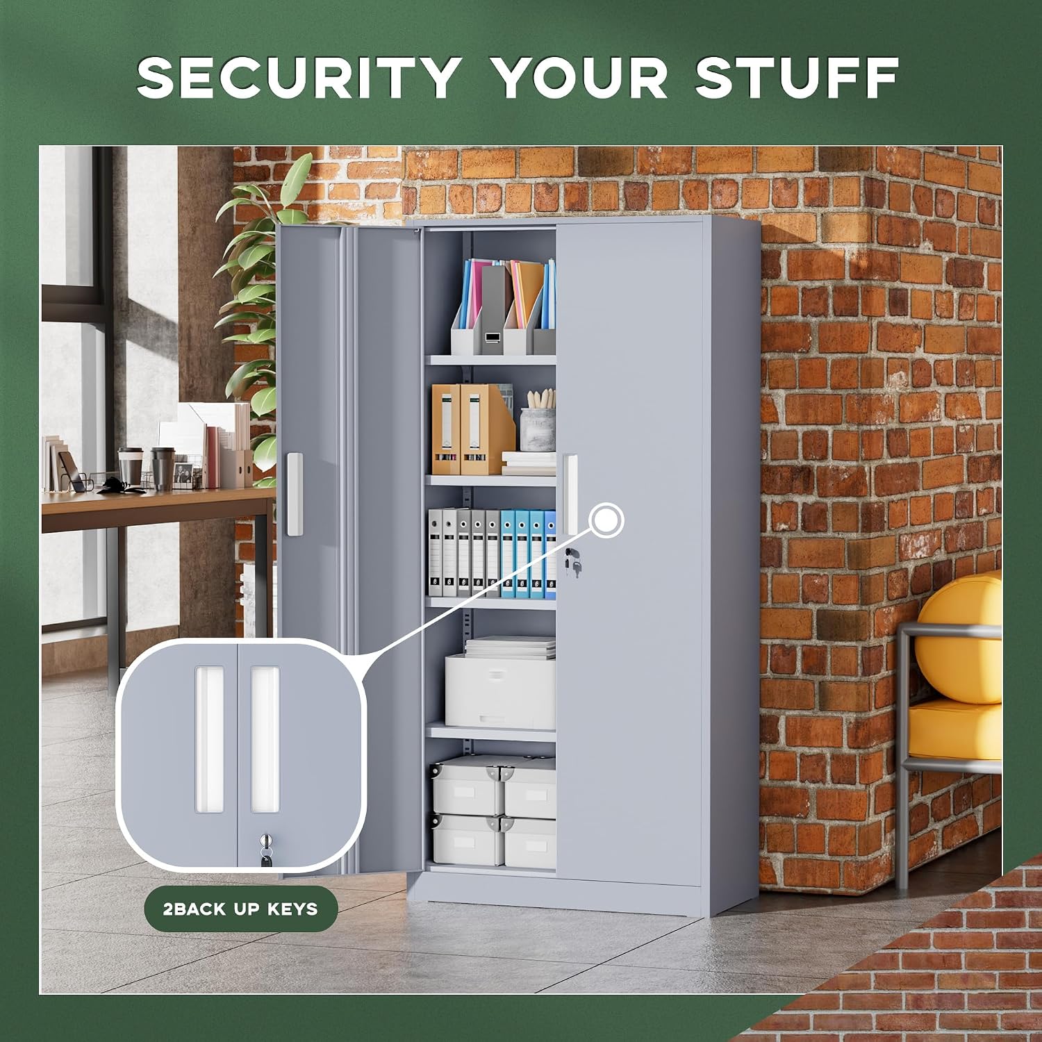 Greenvelly Metal Garage Storage Cabinet, 72' Tall Locking Steel Cabinet with 2 Doors and 4 Adjustable Shelves, Utility Metal Filing Cabinet with Lock for Home, Office, Garage, School (Dark Grey)