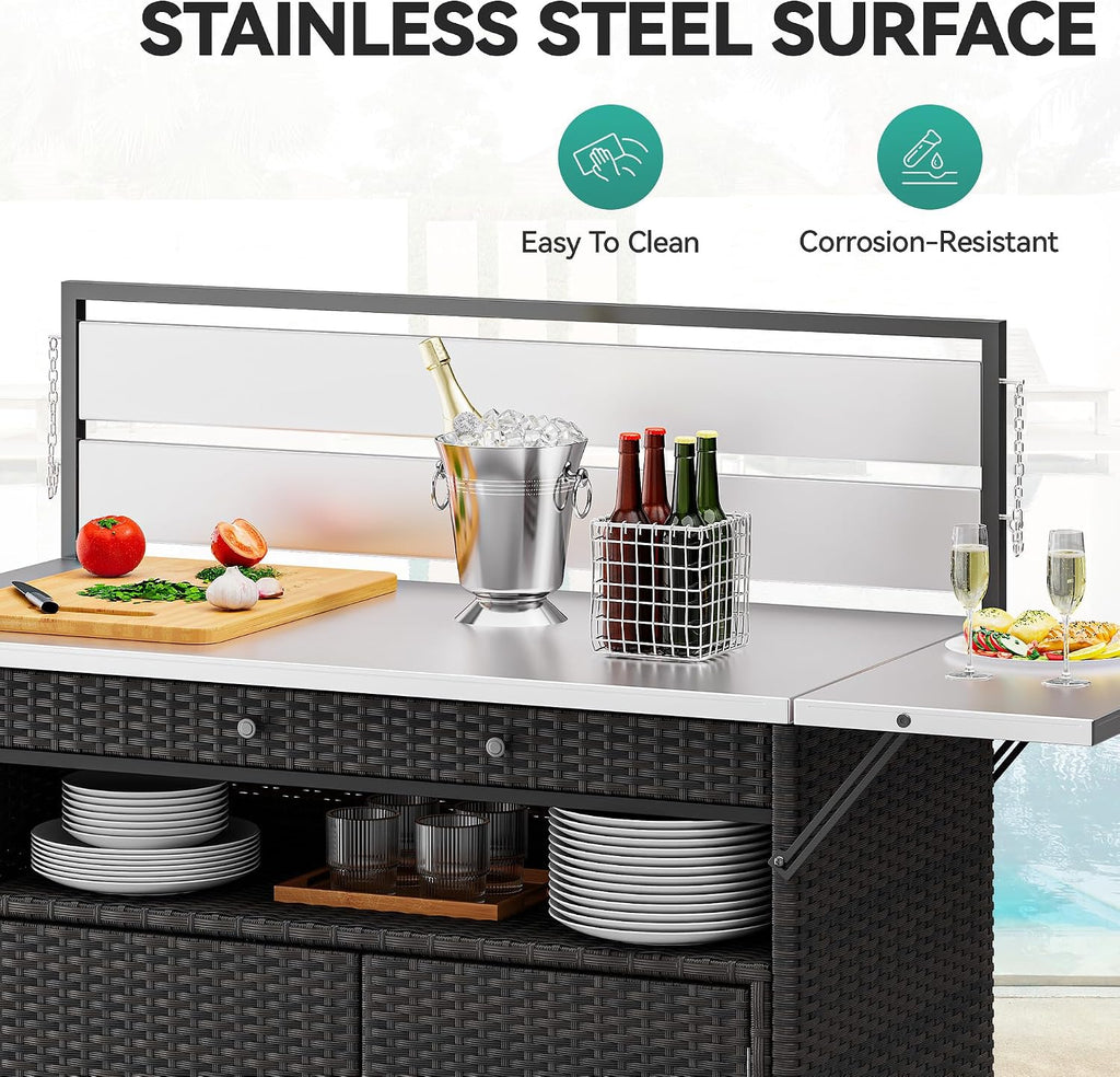 YITAHOME XL Outdoor Kitchen Island, Outdoor Bar Table & Storage Cabinet, Wheels and Stainless Steel Extended Table Top, Side Handle for Patio Kitchen or Bar Cart, Dark Brown