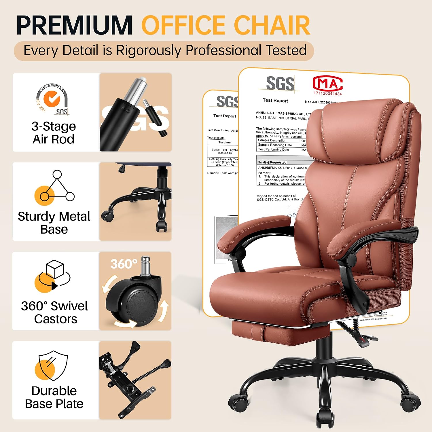 HeroSet Big and Tall Office Chair with Foot Rest, 400lbs Ergonomic Reclining High Back Executive Leather Chair, Lumbar Support Swivel Computer Desk Chairs for Heavy People Home Office Gaming(Brown)