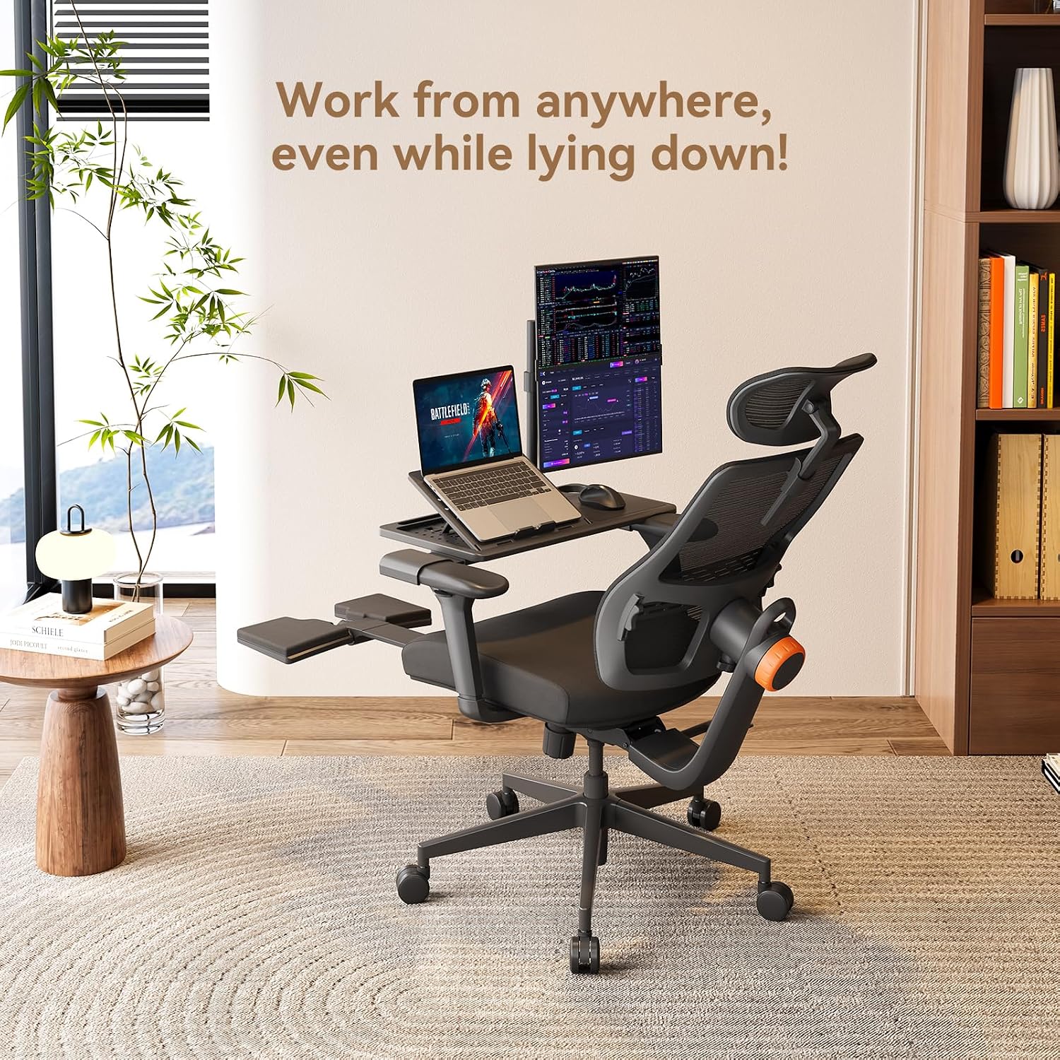 Newtral Office Chair Ergonomic with Footrest, Auto-Following Lumbar Support, High Back Desk Chair with 4D Armrest,136° Tilt Lock, Adjustable Seat Depth & Height (Upgrade with Laptop Tray, Black)