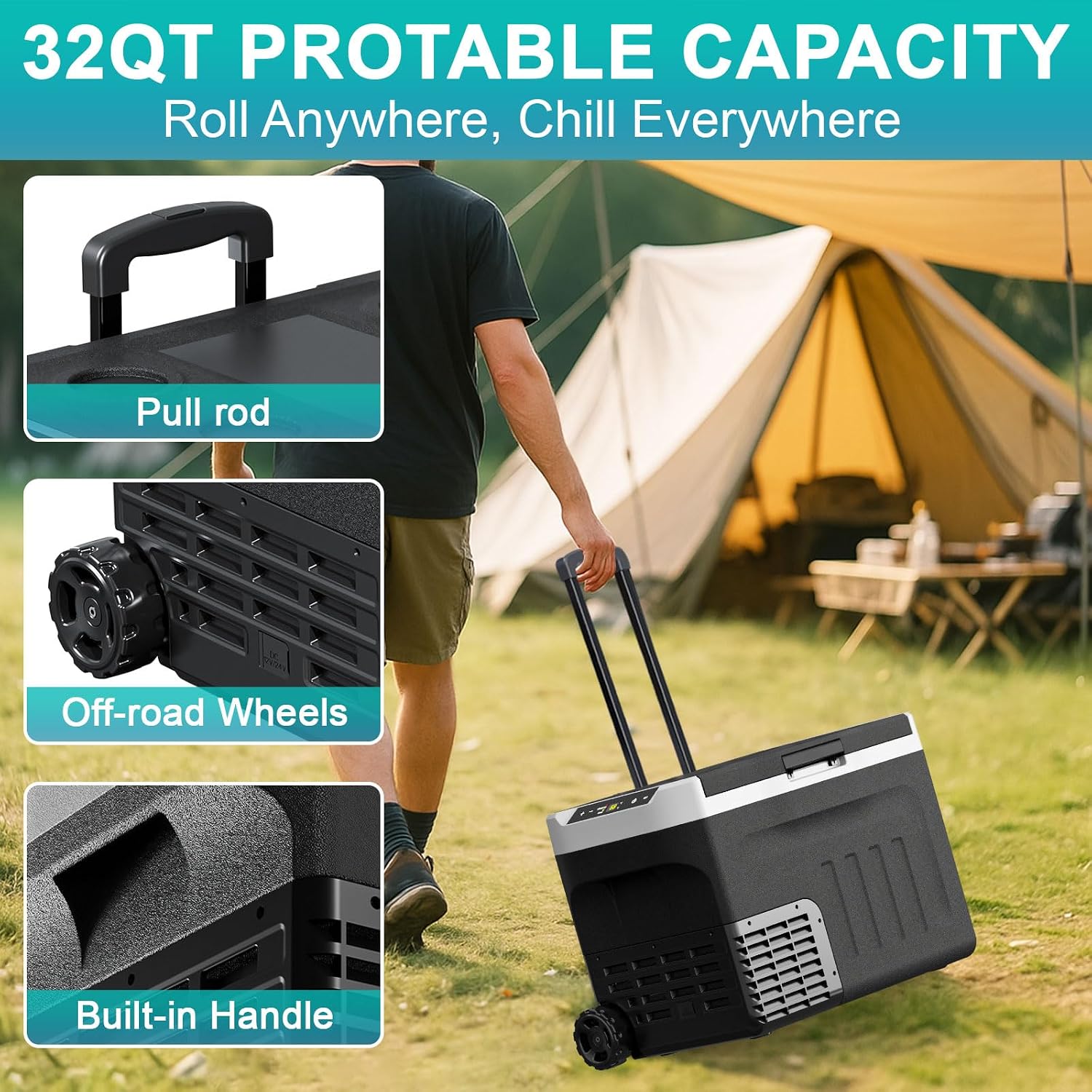 Erivess 12 Volt Portable Refrigerator, 32QT(30L) Electric Cooler, 12/24V DC & 110-240V AC, -4℉~68℉ Dual Mode Portable Freezer, 12V Car Fridge with Pull Rod & Wheels for Camping, Truck, RV, Boat