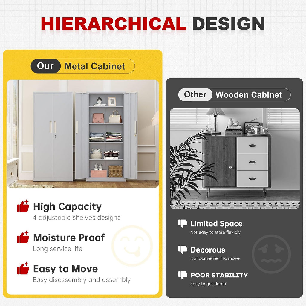 Superday 63' Lockable Steel Storage Cabinet, Locking Metal Storage Cabinets, Tall Grey Cabinet with 2 Doors and 4 Adjustable Shelves for Garage, Home Office, Classroom, Pantry, File