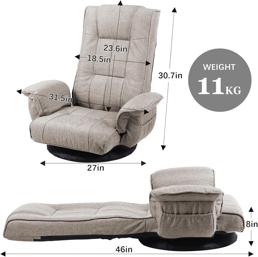 360 Swivel Gaming Chair 14-Position Adjustable Folding Floor Sofa with Armrests Lounger Bed for Home & Living Room Chaise Lounge Indoor for Adults QL201BE