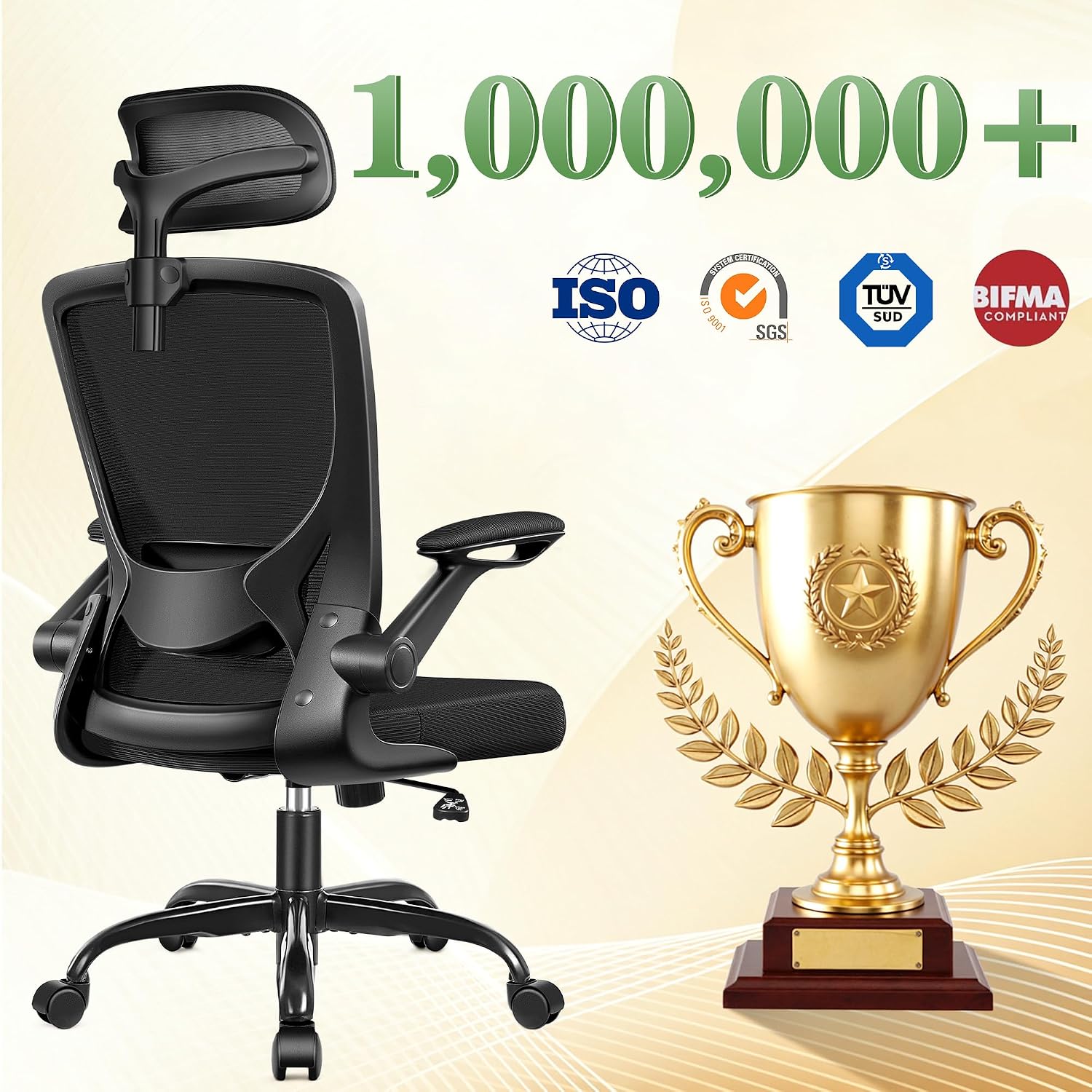BESTFAIR Office Chair Ergonomic Desk Chair, Breathable Mesh Office Chairs with Adjustable Lumbar Support, Flip-Up Arms, Computer Desk Chair Comfy for Home Office, 2 Pack