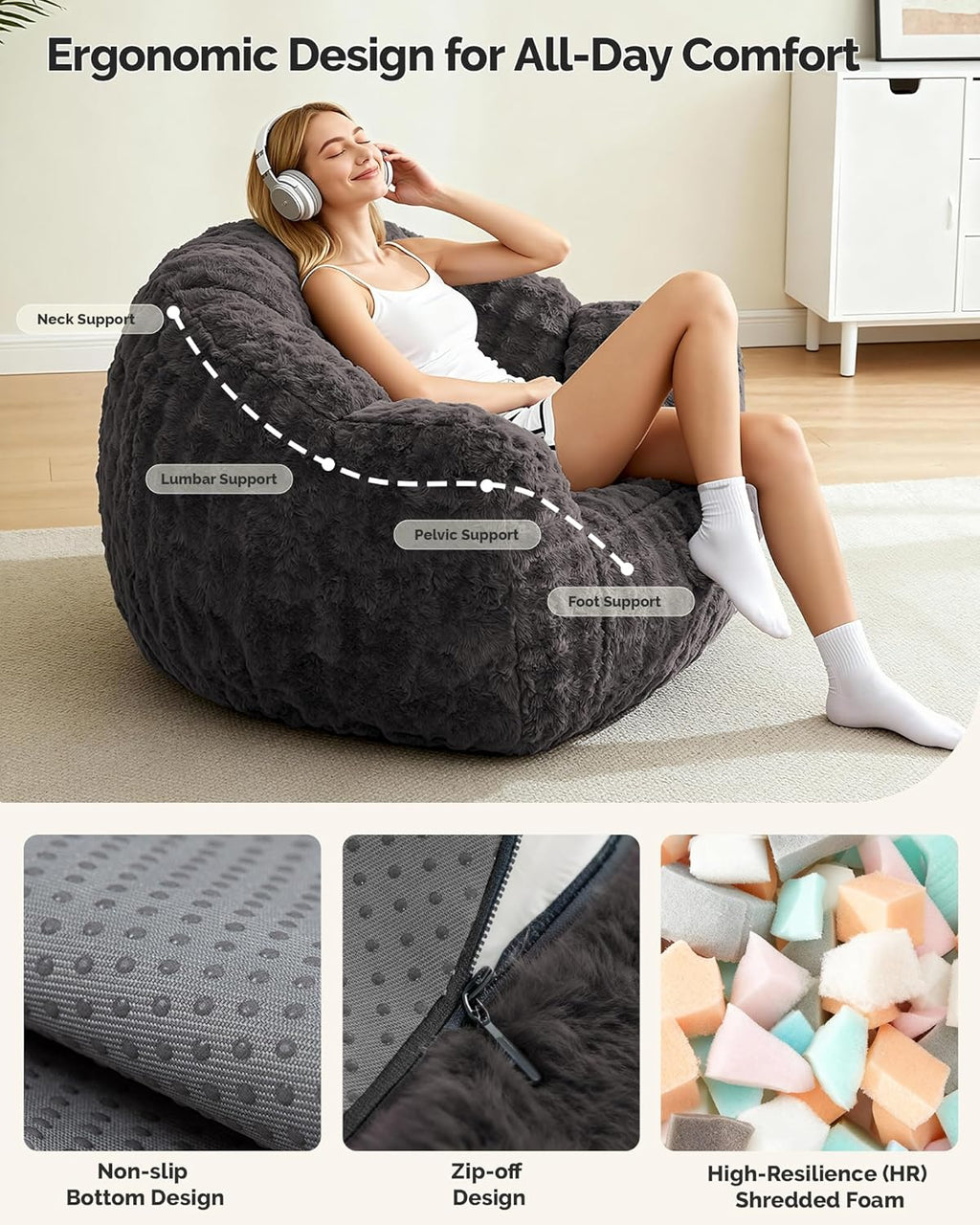 KINGYES Giant Bean Bag Chair, Fluffy Bean Bag Chair with Armrest, Memory Foam Beanbag for Adults, Dark Gray(Pillow not Included)