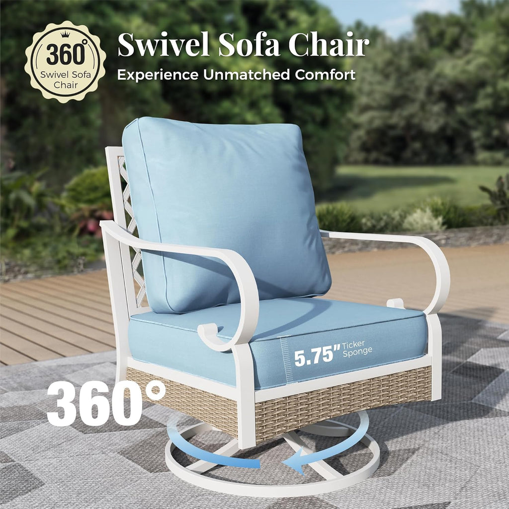 5 Piece Metal Patio Furniture Set, 7-Seat All Weather Outdoor Conversation Set with 3-Seat Sofa & 2 Swivel Chairs & Love Seat, Outdoor Sofa Set for Backyard, Deck, Garden, White/Blue