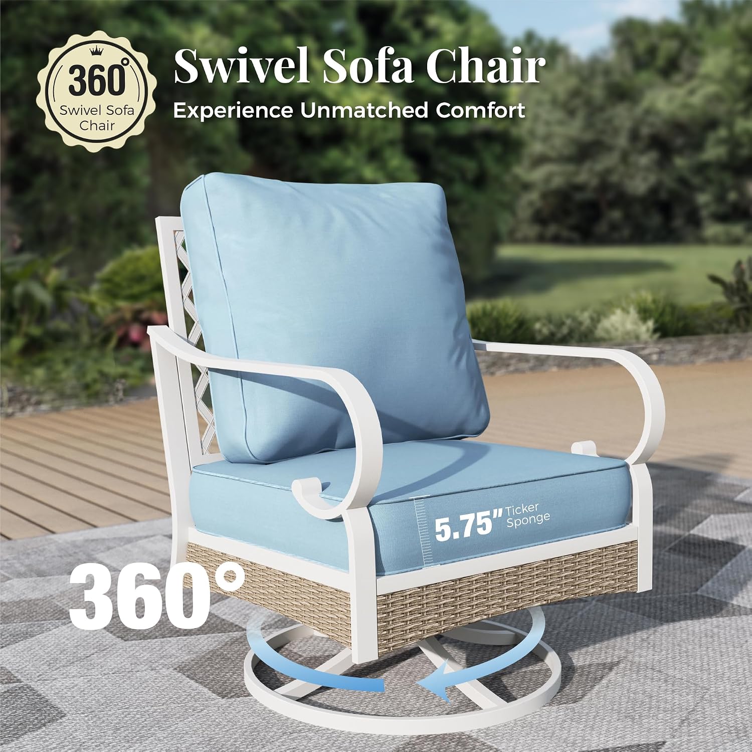 5 Piece Metal Patio Furniture Set, 7-Seat All Weather Outdoor Conversation Set with 3-Seat Sofa & 2 Swivel Chairs & Love Seat, Outdoor Sofa Set for Backyard, Deck, Garden, White/Blue