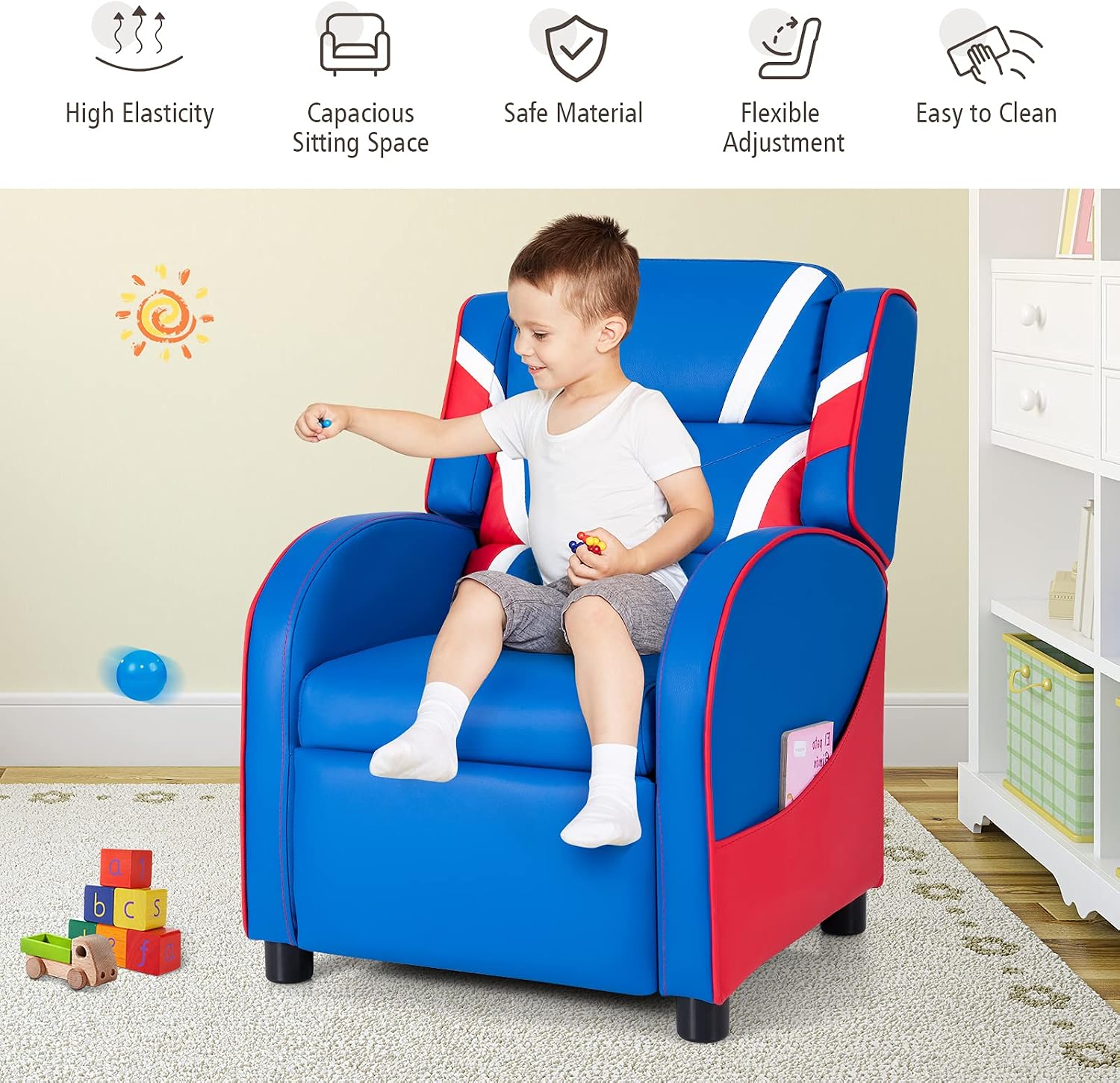 MAT EXPERT Kids Recliner Sofa, Gaming Chair w/Footrest, Arms & Side Pocket Storage, Adjustable Leather Kids Couch Lazy Boy Armchair Reading Chair, Toddler Lounge Chair for Boys Girls Age 3+ (Blue)