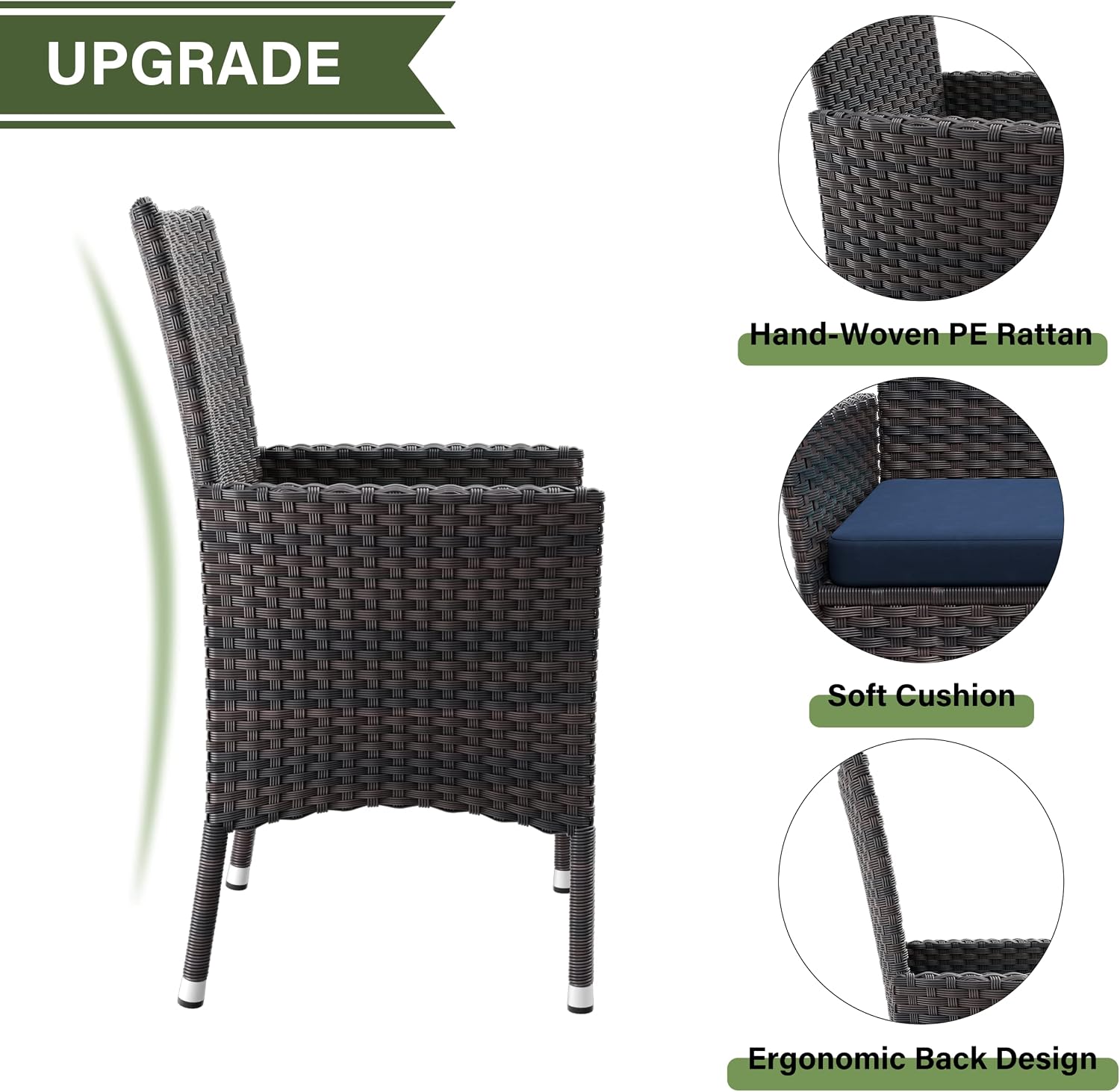 Kurapika 5-Piece Patio Furniture Outdoor Dining Set, Wicker Rattan Patio Dining Table and Chairs Set, Square Tempered Glass Tabletop with 4 Chair Set, Navy Blue